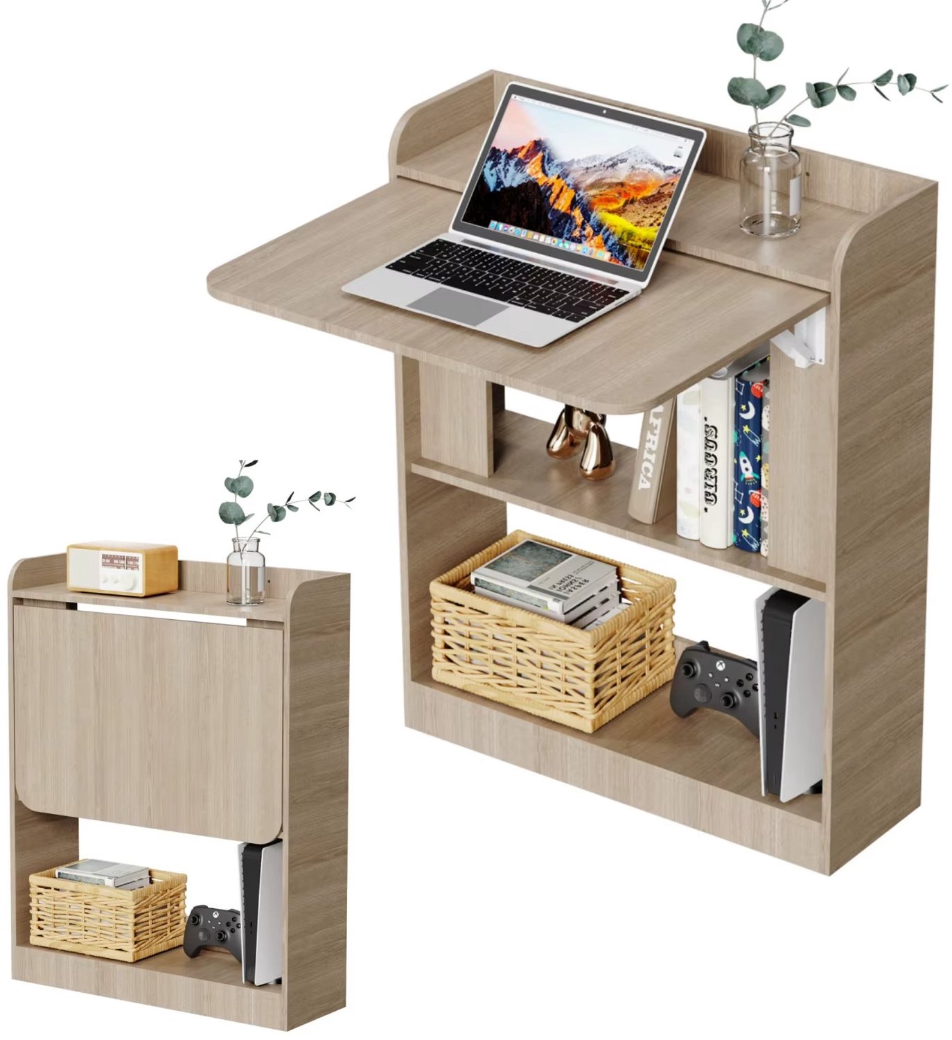 CreateEcom bureau - inklapbare tafel - inklapbaar bureau - Inklapbaar bureau met 3 planken - ruimtebesparend - inklapbaar gamingbureau met opbergruimte - bureau met inklapbaar blad voor studie en werk - 20 x 64 x 82 cm - hout
