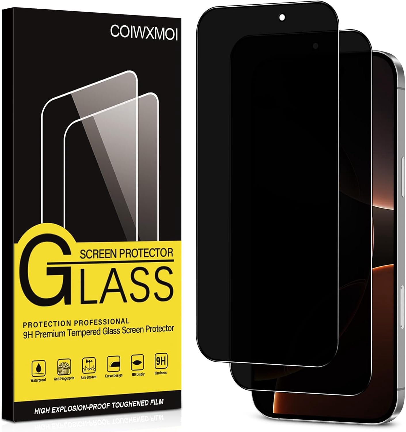 Coiwxmoi Privacy Displaybeschermfolie voor iPhone 16 Pro, gehard glas, anti-spionage, hardheid 9H, luchtbelvrij - ShopVlot