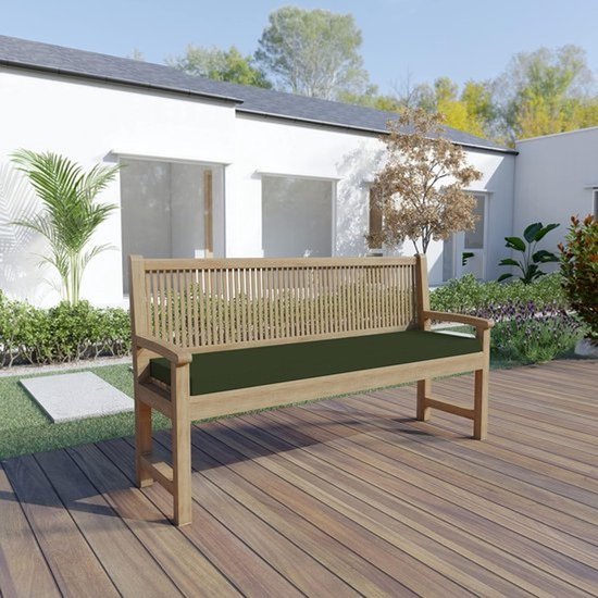Tuinbank van licht hout met een donkergroen waterafstotend zitkussen, geplaatst op een houten terras.