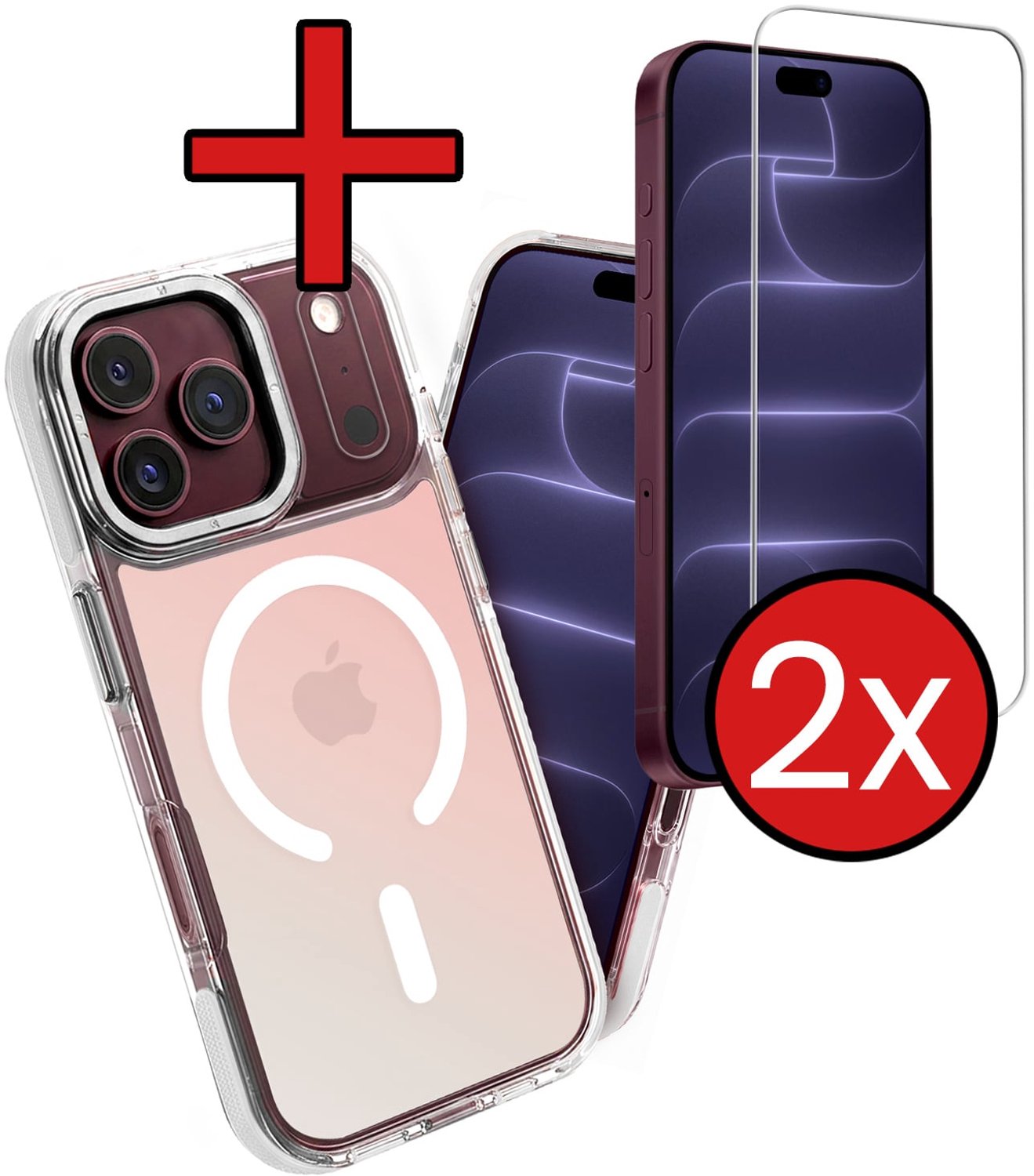 Hoesje - Met 2x Screenprotector - Geschikt voor Apple iPhone 18 Pro - Magsafe Compatible - Holographic - Sterk & Shockproof - Shock Proof Case - Back Cover - Telefoon Hoes - Telefoonhoes - Wit