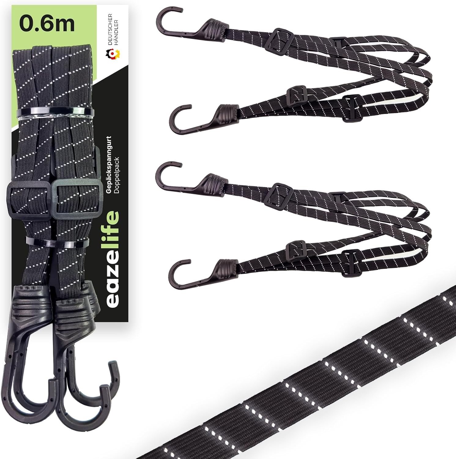 Bagagespanners Set van 2 - Zwart - 60 cm - Verstelbaar en Reflecterend - Voor Fiets, Motorfiets en Camping