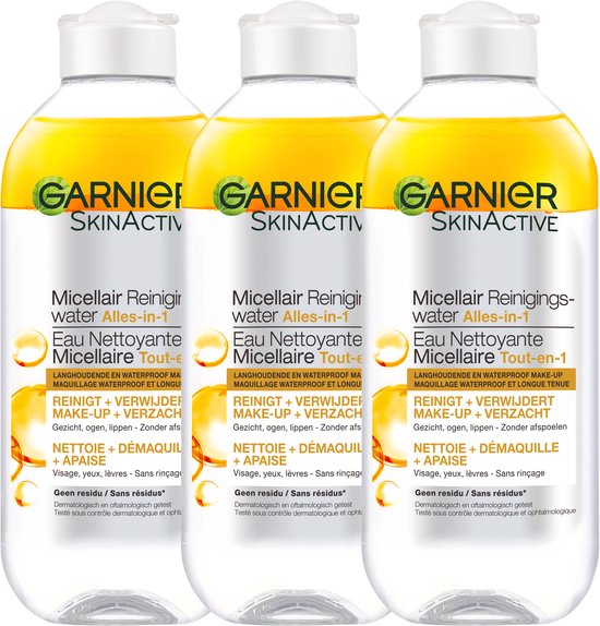 Garnier SkinActive Micellair Reinigingswater voor Langhoudende en Waterproof Make-up - 3 x 400 ml - Micelair Water Voordeelverpakking
