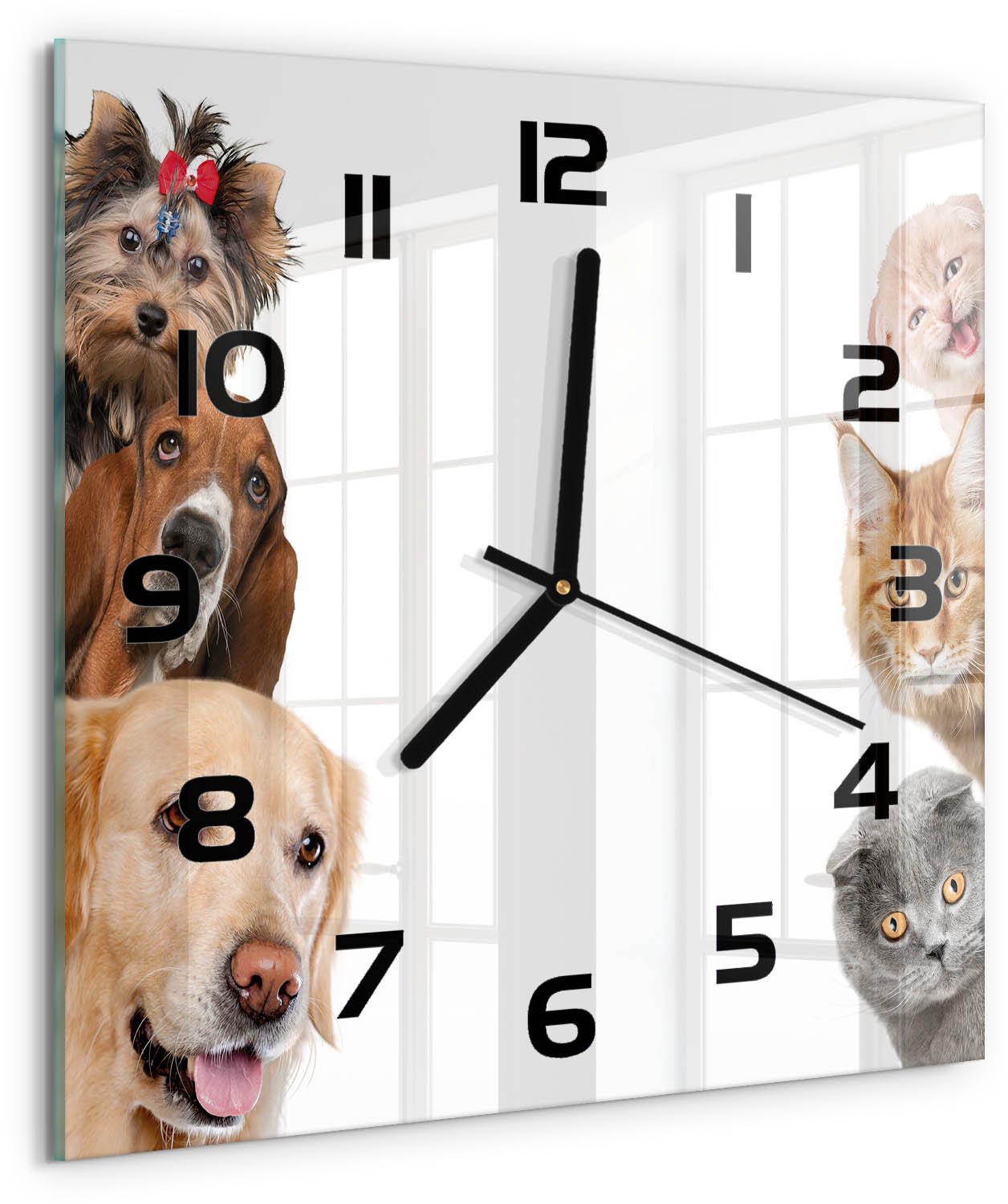TULUP Wandklok - Honden en katten Gekleurde Glazen Klok - 30x30 cm - Beige Glazen Klok Met Print - Zwarte handen - Vierkante Klok - Moderne Wandklok Glas - Wandklok Glas Decoratie