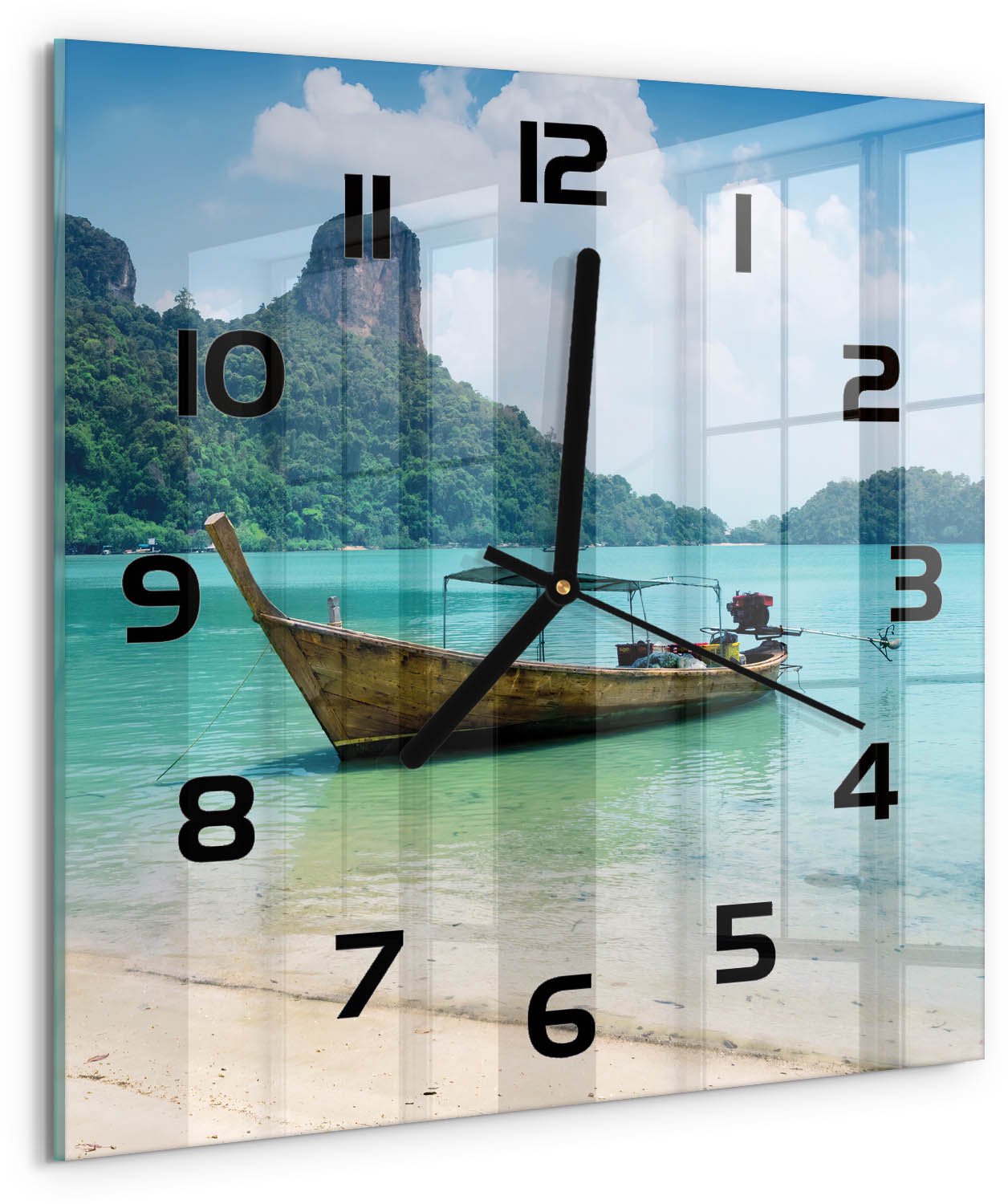 Tulup Wandklok - Łódź Klok Glas Met Opdruk - 30x30 cm - Blauw Moderne Wandklok Glas - Zwarte handen - Vierkante Klok - Decoratieve Glazen Klok - Glazen Wandklok Design