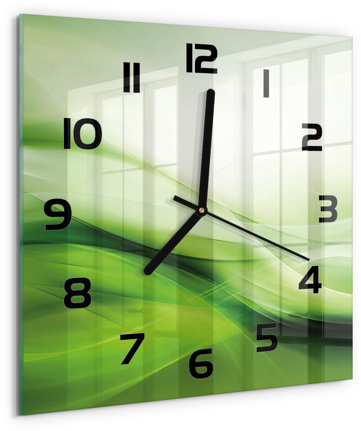 TULUP Wandklok - Groene golven achtergrond Klok Glas Met Opdruk - 30x30 cm - Groente Moderne Wandklok Glas - Zwarte handen - Vierkante Klok - Decoratieve Glazen Klok - Glazen Wandklok Design