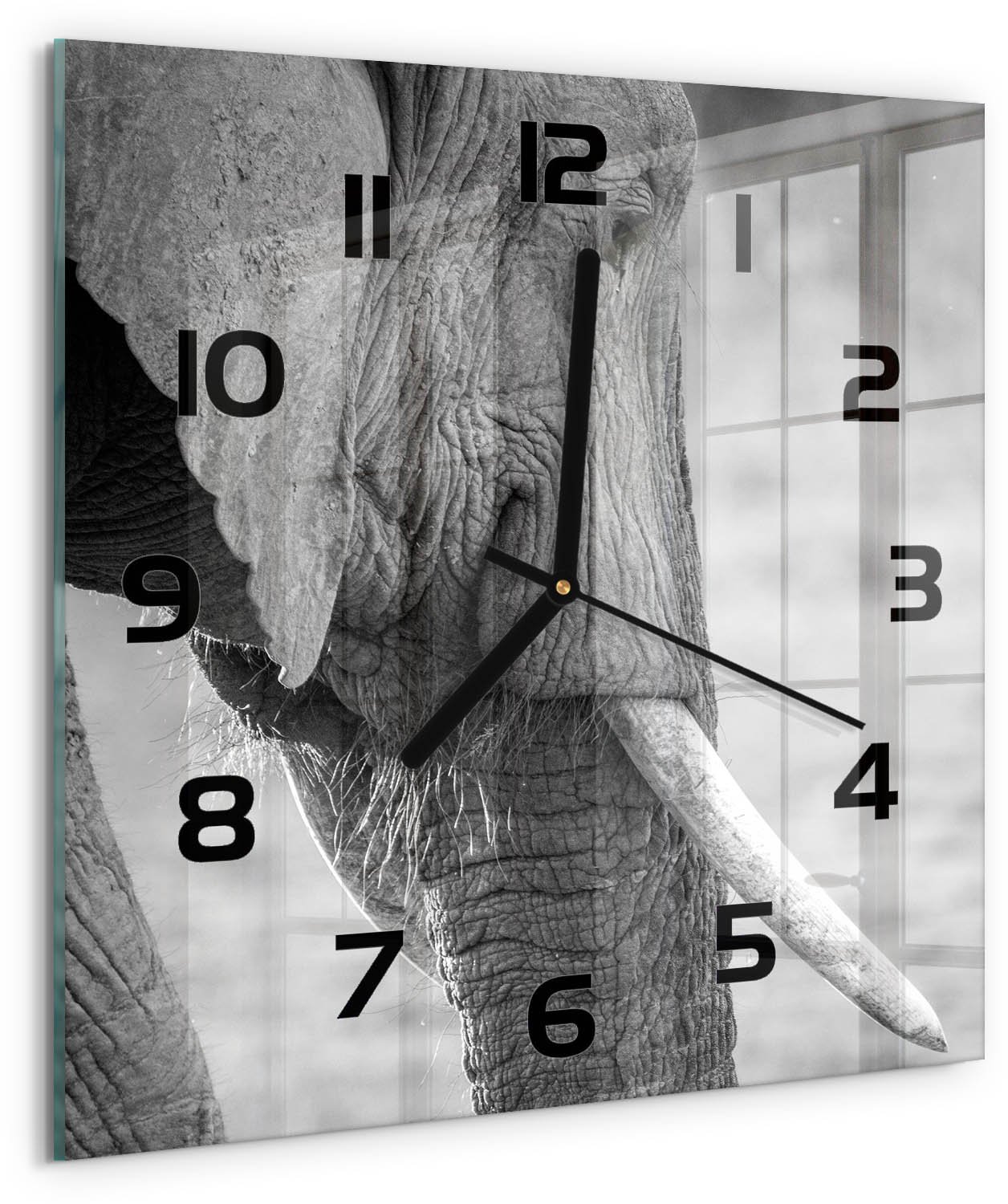 TULUP Wandklok - Olifant Wandklok Glas Decoratie - 30x30 cm - Zwart-wit Gekleurde Glazen Klok - Zwarte handen - Vierkante Klok - Klok Glas Met Opdruk - Moderne Wandklok Glas