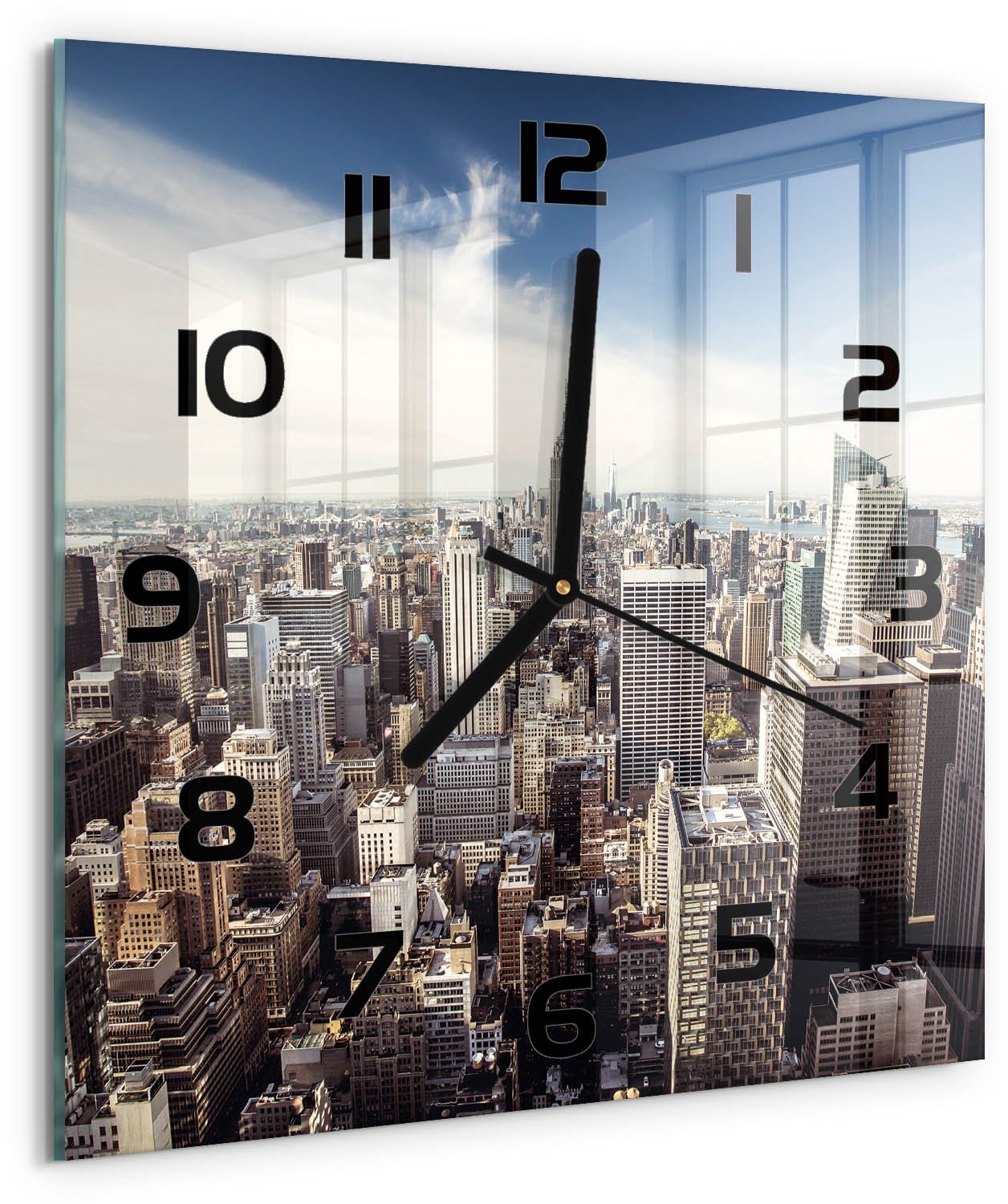 Tulup Wandklok - New York Wandklok Glas Met Motief - 30x30 cm - Blauw Decoratieve Glazen Klok - Zwarte handen - Vierkante Klok - Gekleurde Glazen Klok - Glazen Klok Met Print