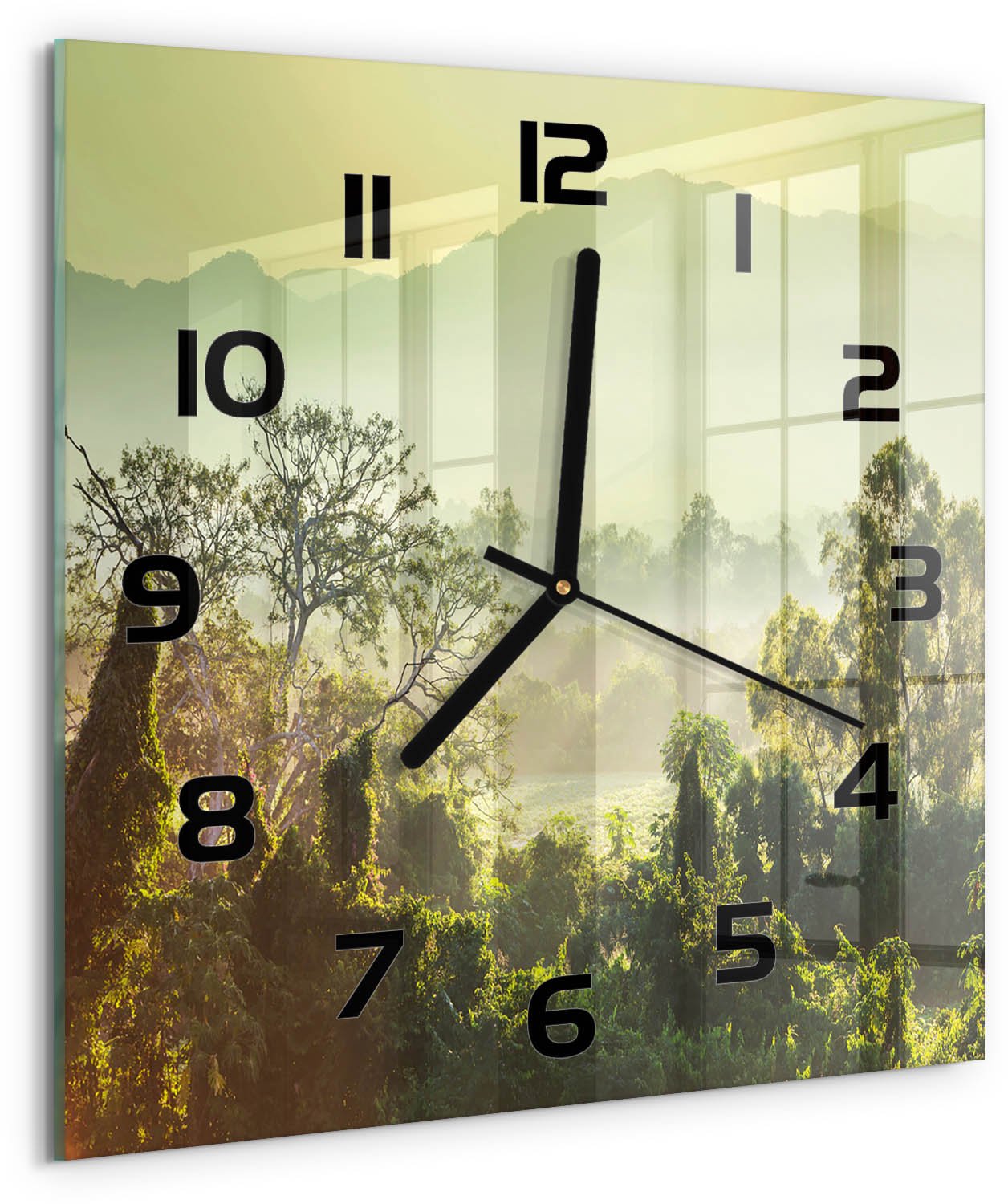 Tulup Wandklok - jungle Wandklok Glas Decoratie - 30x30 cm - Groente Gekleurde Glazen Klok - Zwarte handen - Vierkante Klok - Klok Glas Met Opdruk - Moderne Wandklok Glas