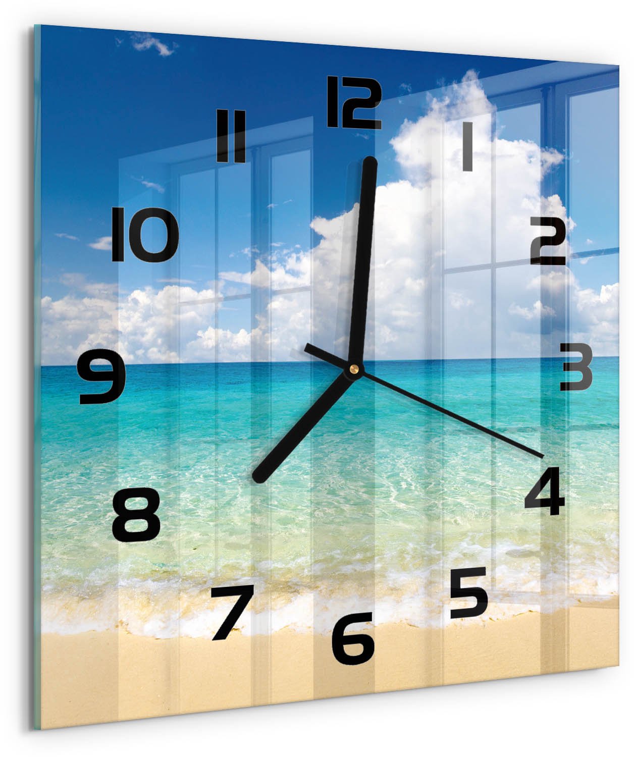 Tulup Wandklok - Paradijsstrand Glazen Klok Met Print - 30x30 cm - Blauw Wandklok Glas Met Motief - Zwarte handen - Vierkante Klok - Wandklok Glas Decoratie - Gekleurde Glazen Klok