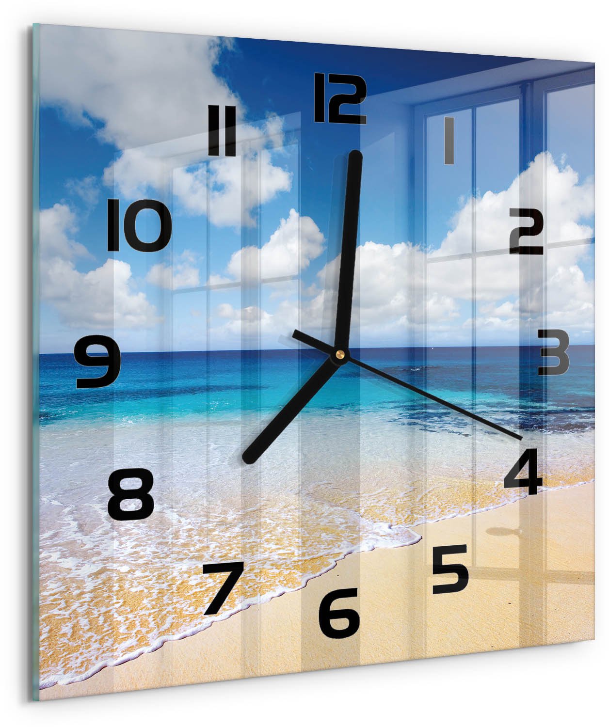 Tulup Wandklok - Kalme zee Gekleurde Glazen Klok - 30x30 cm - Blauw Glazen Klok Met Print - Zwarte handen - Vierkante Klok - Moderne Wandklok Glas - Wandklok Glas Decoratie