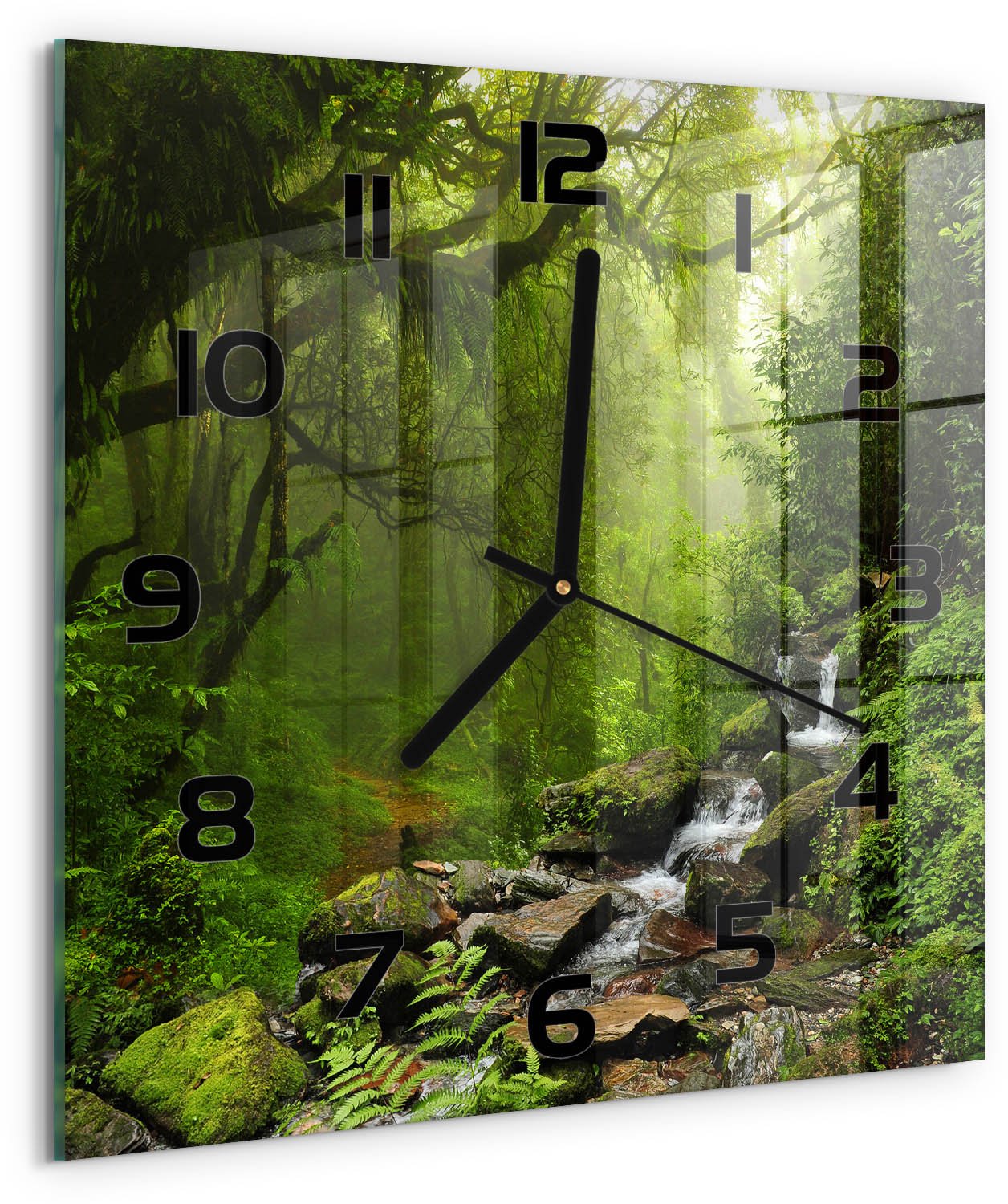 Tulup Wandklok - Oerwoud in Nepal Glazen Klok Met Print - 30x30 cm - Groente Wandklok Glas Met Motief - Zwarte handen - Vierkante Klok - Wandklok Glas Decoratie - Gekleurde Glazen Klok