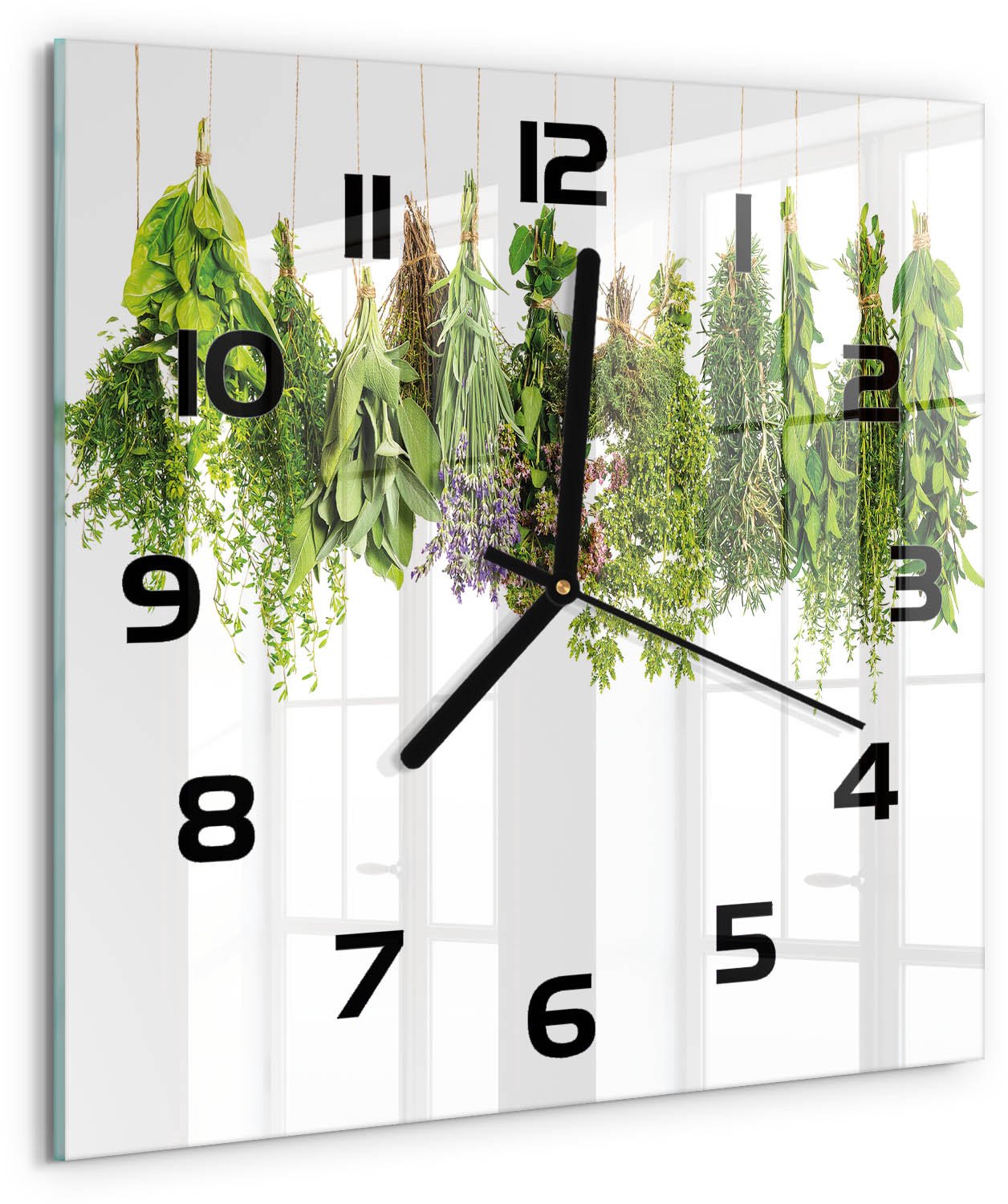 Tulup Wandklok - Kruiden aan een touwtje Wandklok Glas Decoratie - 30x30 cm - Groente Gekleurde Glazen Klok - Zwarte handen - Vierkante Klok - Klok Glas Met Opdruk - Moderne Wandklok Glas