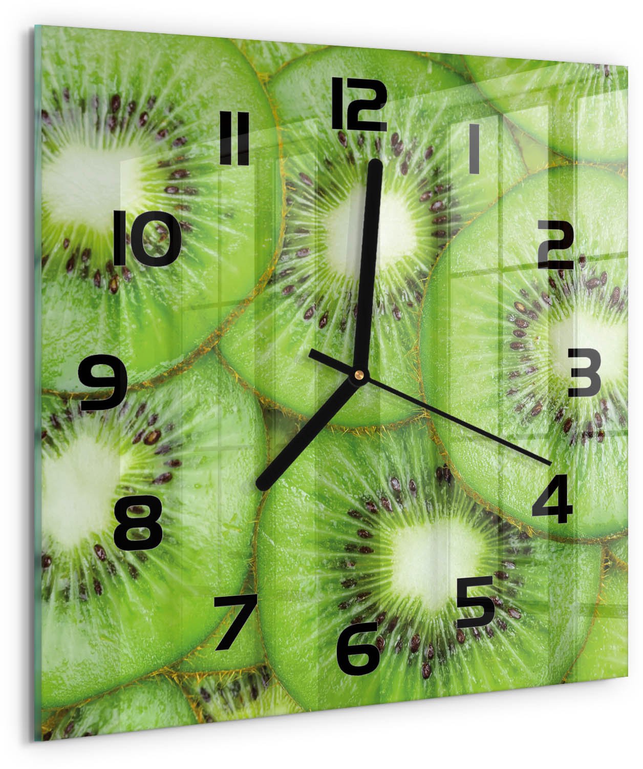 Tulup Wandklok - Kiwi Wandklok Glas Met Motief - 30x30 cm - Groente Decoratieve Glazen Klok - Zwarte handen - Vierkante Klok - Gekleurde Glazen Klok - Glazen Klok Met Print