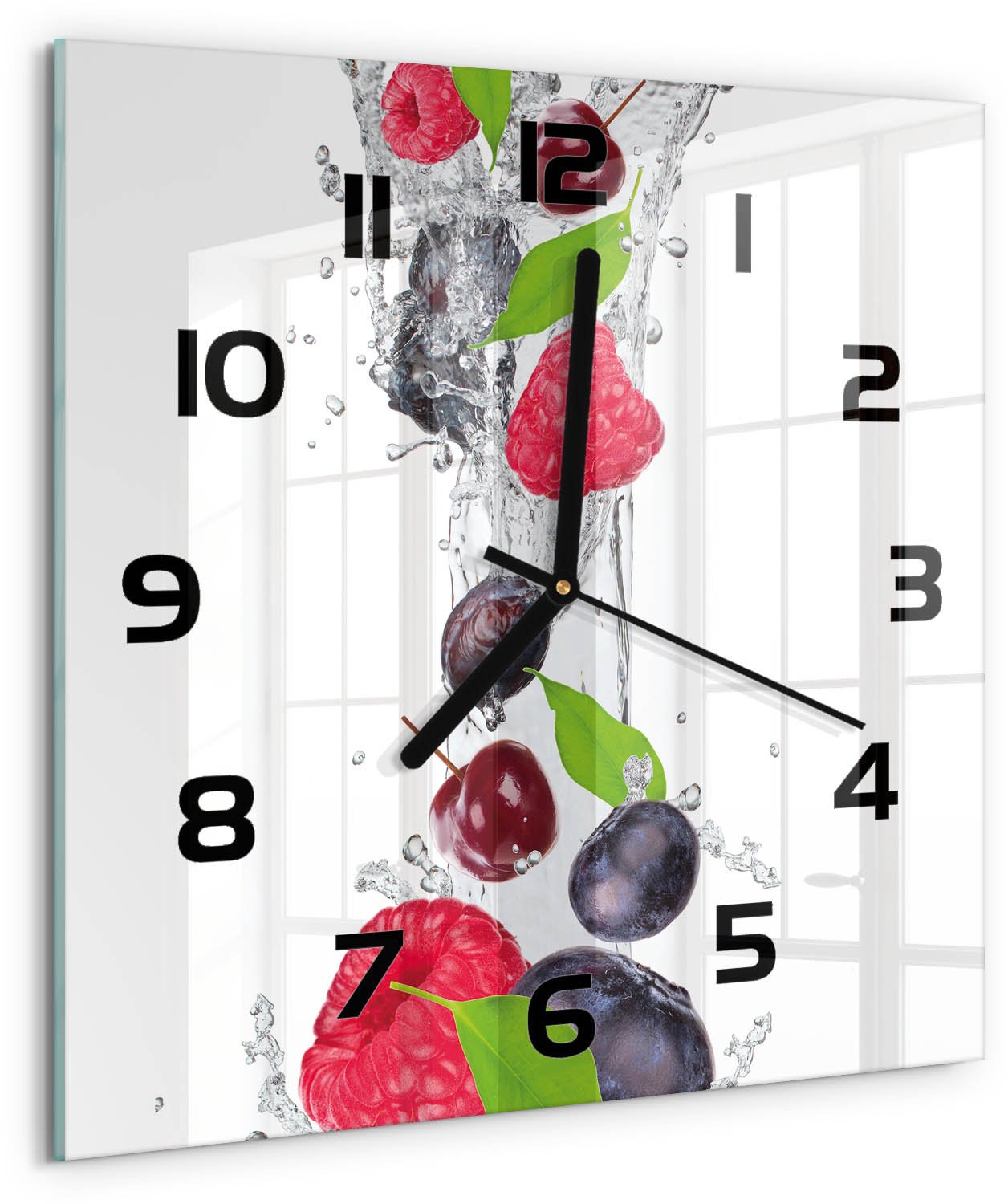 Tulup Wandklok - Fruit en water Moderne Wandklok Glas - 30x30 cm - Veelkleurig Wandklok Glas Decoratie - Zwarte handen - Vierkante Klok - Glazen Wandklok Design - Klok Glas Met Opdruk