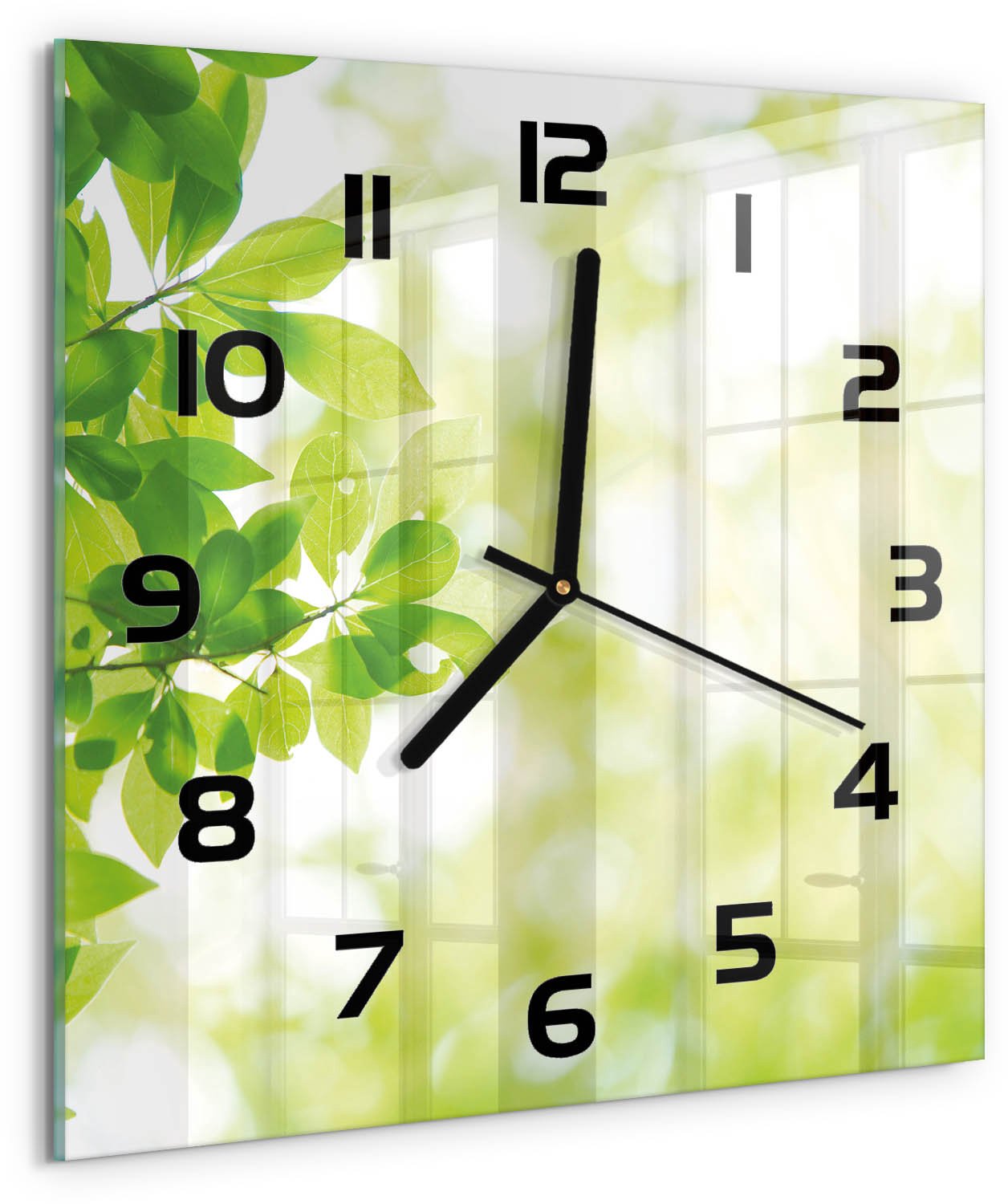 TULUP Wandklok - Bladeren Gekleurde Glazen Klok - 30x30 cm - Groente Glazen Klok Met Print - Zwarte handen - Vierkante Klok - Moderne Wandklok Glas - Wandklok Glas Decoratie