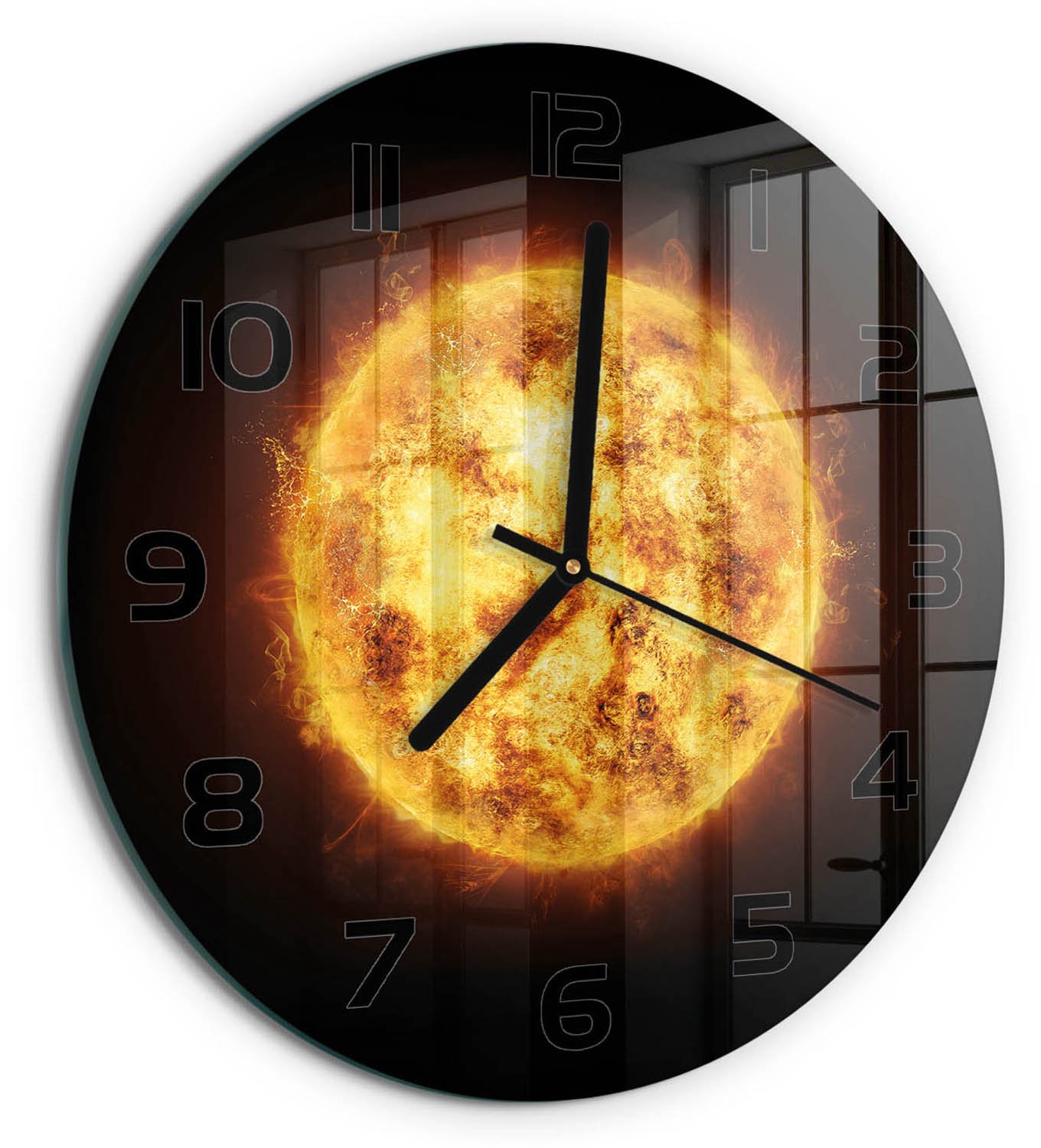 TULUP Wandklok - Zonnig Moderne Wandklok Glas - fi30 cm - Oranje Wandklok Glas Decoratie - Zwarte handen - Ronde Klok - Glazen Wandklok Design - Klok Glas Met Opdruk