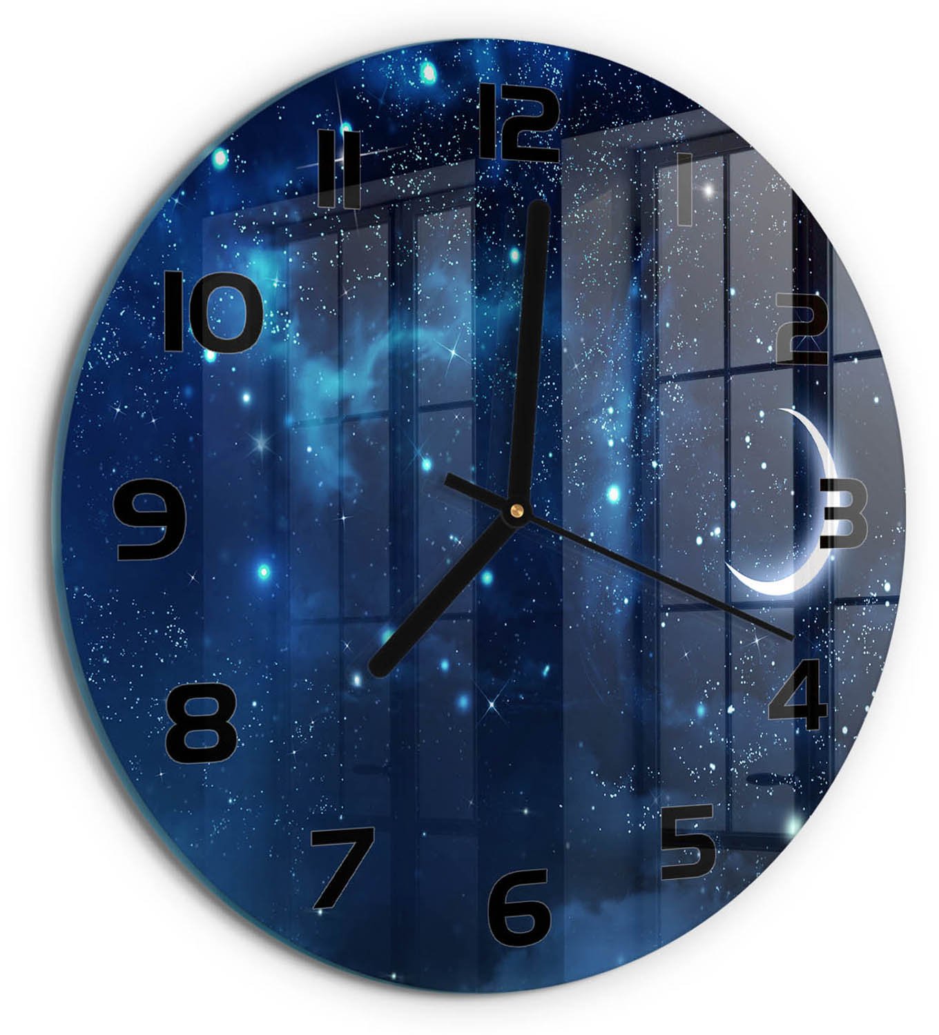 TULUP Wandklok - Sterrenhemel Klok Glas Met Opdruk - fi30 cm - Blauw Moderne Wandklok Glas - Zwarte handen - Ronde Klok - Decoratieve Glazen Klok - Glazen Wandklok Design