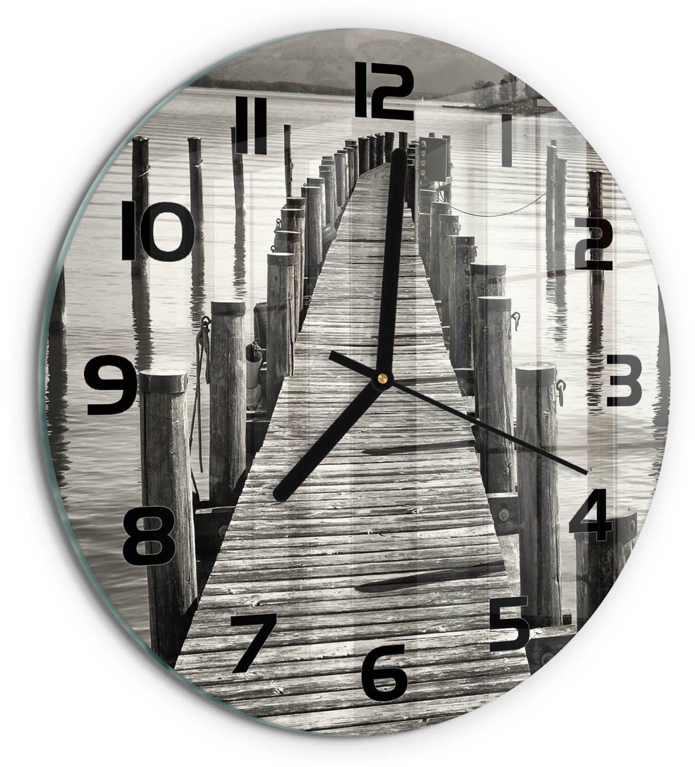 TULUP Wandklok - Houten brug Wandklok Glas Met Motief - fi30 cm - Zwart-wit Decoratieve Glazen Klok - Zwarte handen - Ronde Klok - Gekleurde Glazen Klok - Glazen Klok Met Print