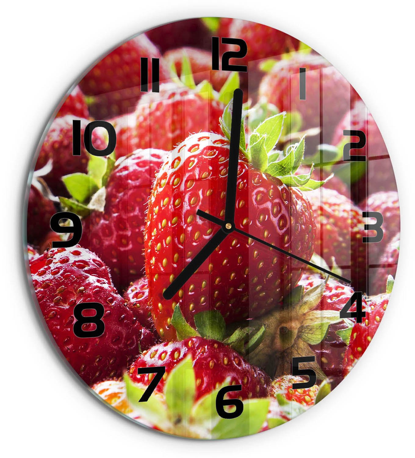 TULUP Wandklok - Aardbeien Wandklok Glas Decoratie - fi30 cm - Rood Gekleurde Glazen Klok - Zwarte handen - Ronde Klok - Klok Glas Met Opdruk - Moderne Wandklok Glas