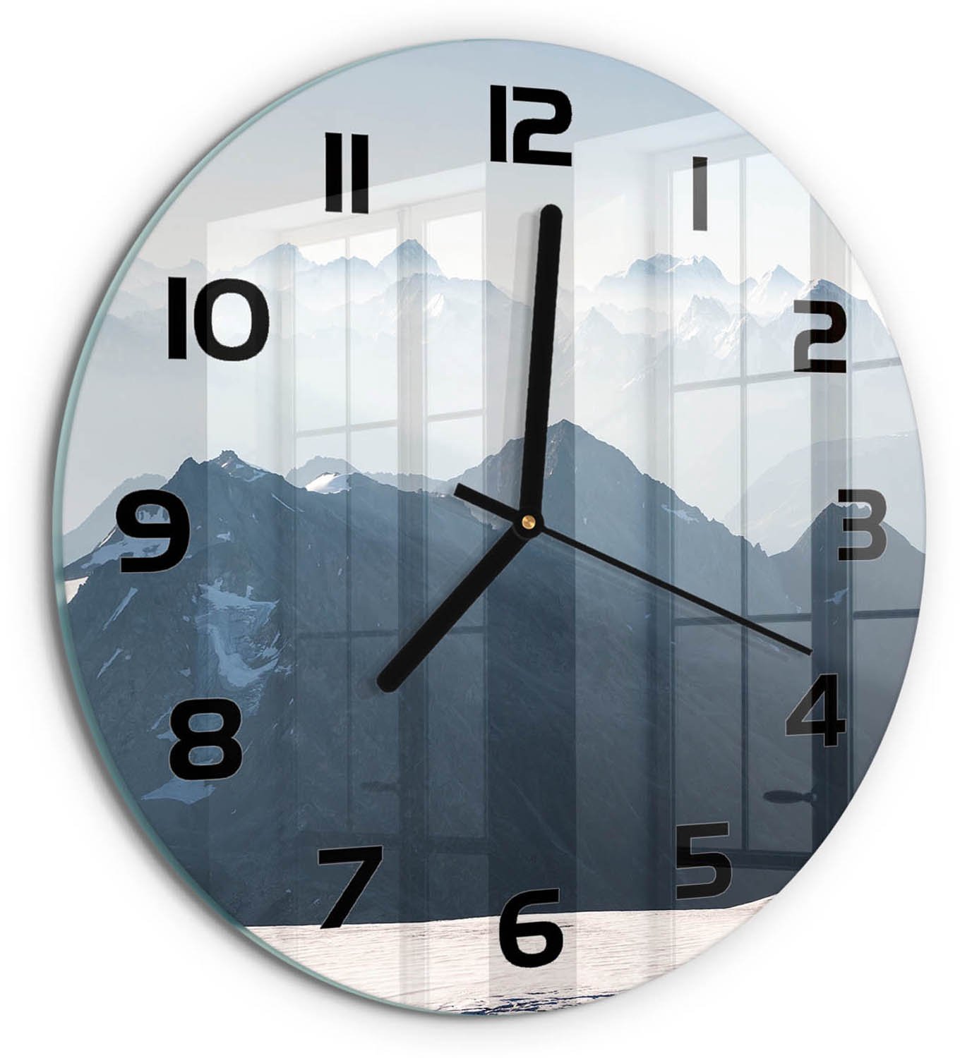 TULUP Wandklok - bergtop Wandklok Glas Met Motief - fi30 cm - Grijs Decoratieve Glazen Klok - Zwarte handen - Ronde Klok - Gekleurde Glazen Klok - Glazen Klok Met Print