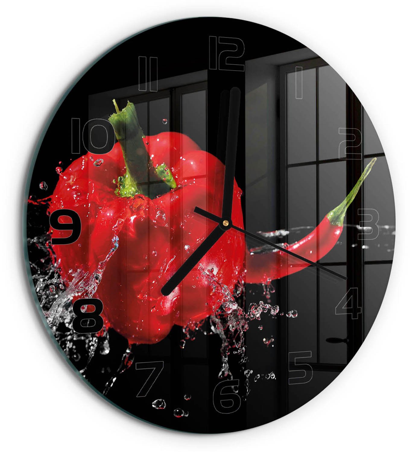 TULUP Wandklok - Rode peper Gekleurde Glazen Klok - fi30 cm - Rood Glazen Klok Met Print - Zwarte handen - Ronde Klok - Moderne Wandklok Glas - Wandklok Glas Decoratie