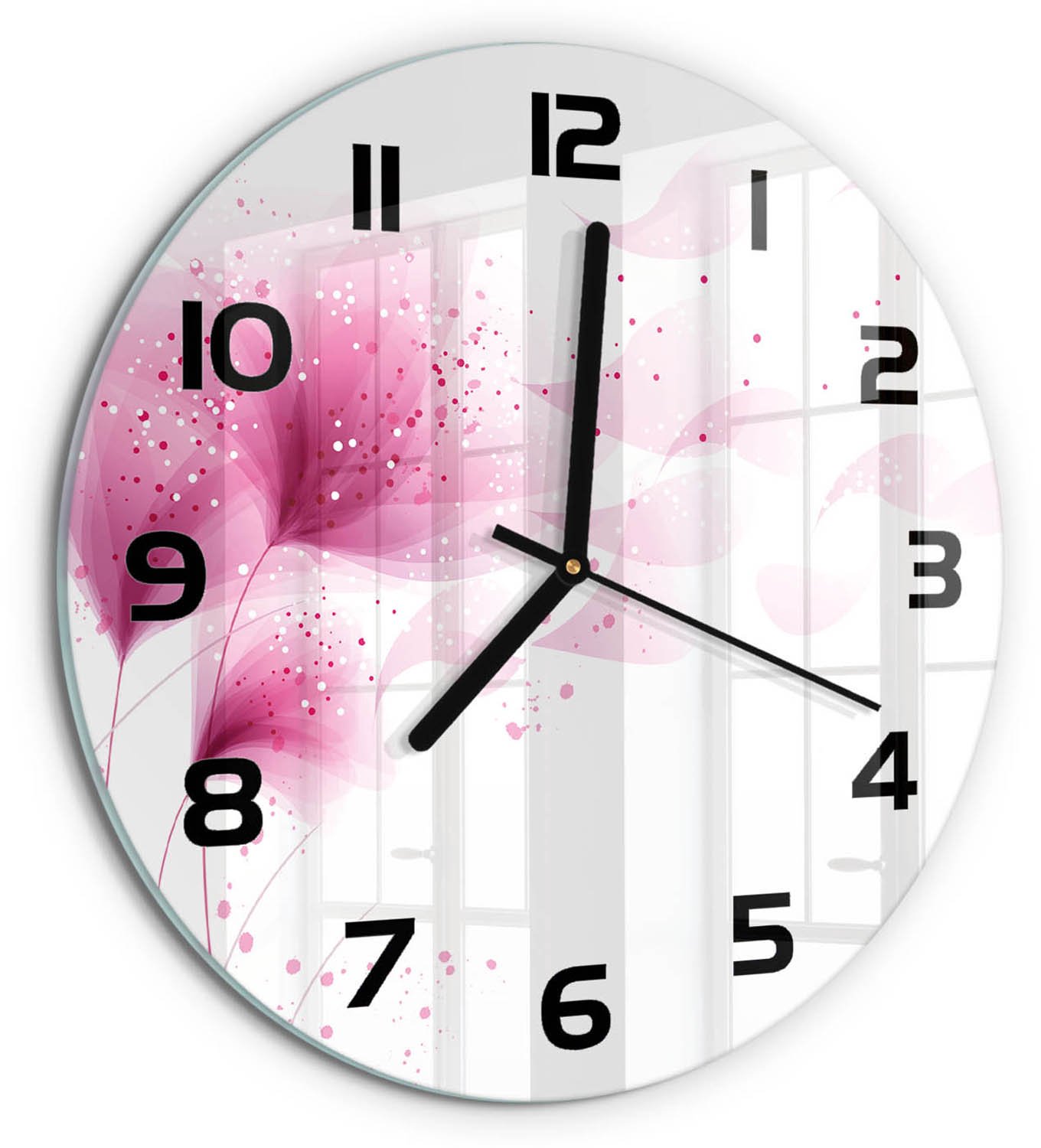 TULUP Wandklok - Roze bloem Gekleurde Glazen Klok - fi30 cm - Roze Glazen Klok Met Print - Zwarte handen - Ronde Klok - Moderne Wandklok Glas - Wandklok Glas Decoratie
