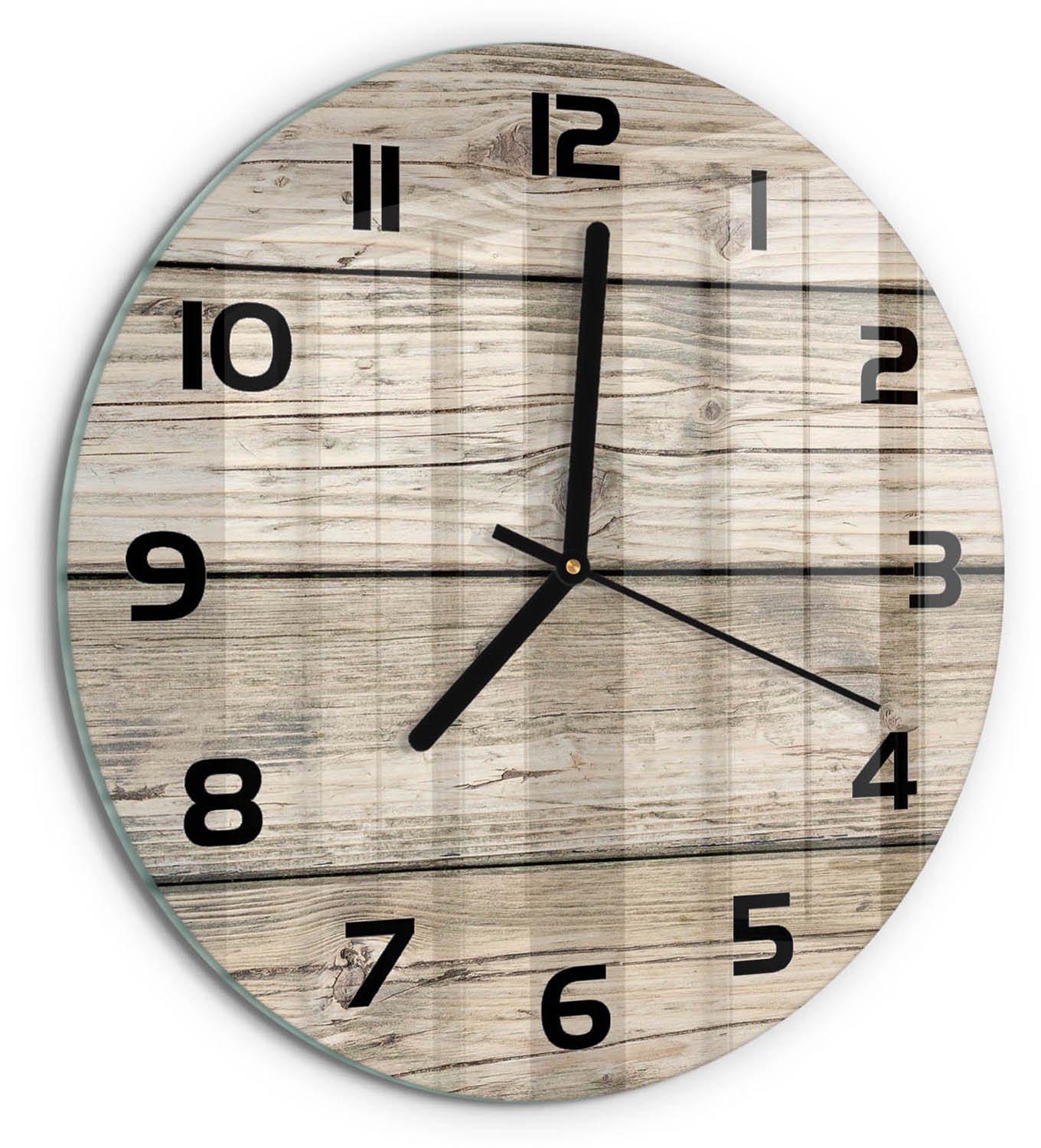 TULUP Wandklok - Houten achtergrond Moderne Wandklok Glas - fi30 cm - Beige Wandklok Glas Decoratie - Zwarte handen - Ronde Klok - Glazen Wandklok Design - Klok Glas Met Opdruk