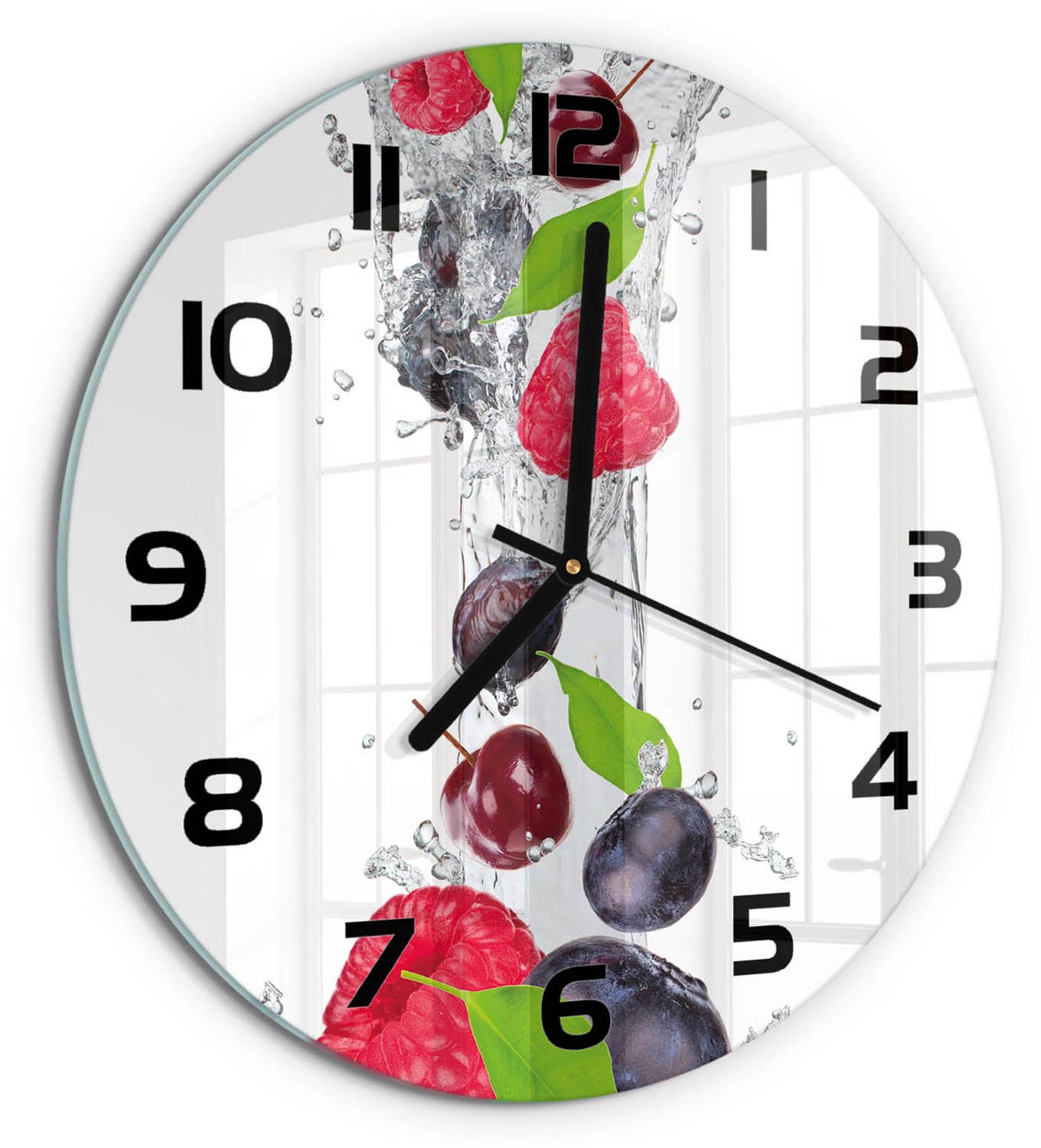 TULUP Wandklok - Fruit en water Wandklok Glas Met Motief - fi30 cm - Veelkleurig Decoratieve Glazen Klok - Zwarte handen - Ronde Klok - Gekleurde Glazen Klok - Glazen Klok Met Print