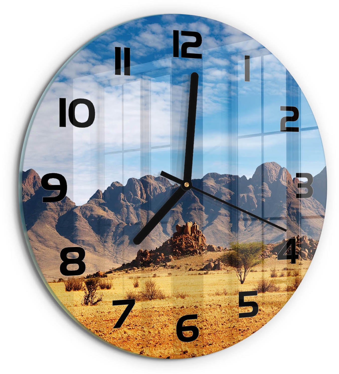 TULUP Wandklok - Rotsen in Namibië Gekleurde Glazen Klok - fi30 cm - Oranje Glazen Klok Met Print - Zwarte handen - Ronde Klok - Moderne Wandklok Glas - Wandklok Glas Decoratie