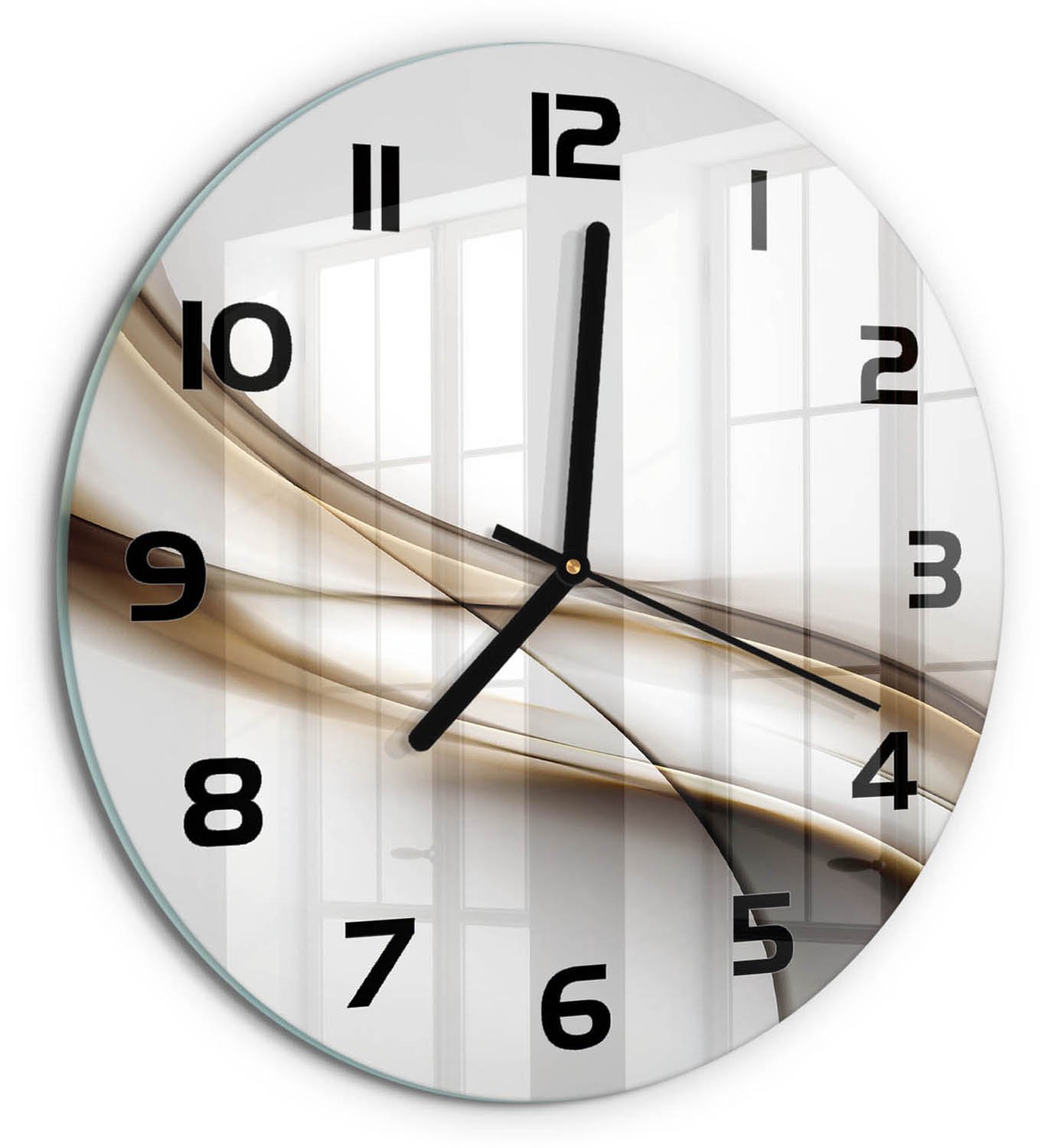 TULUP Wandklok - Bruine golf Glazen Klok Met Print - fi30 cm - Beige Wandklok Glas Met Motief - Zwarte handen - Ronde Klok - Wandklok Glas Decoratie - Gekleurde Glazen Klok