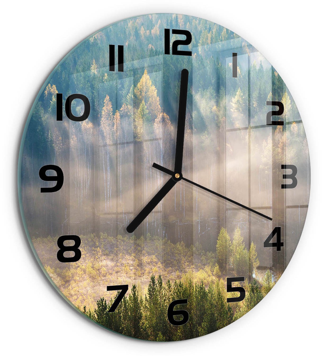 TULUP Wandklok - Mist in het bos Glazen Wandklok Design - fi30 cm - Groente Klok Glas Met Opdruk - Zwarte handen - Ronde Klok - Wandklok Glas Met Motief - Decoratieve Glazen Klok