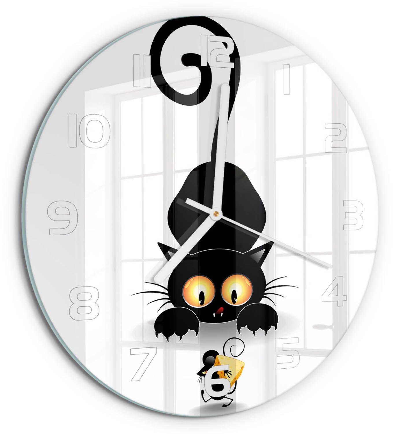 TULUP Wandklok - Kat en muis Glazen Klok Met Print - fi30 cm - Zwart Wandklok Glas Met Motief - Witte handen - Ronde Klok - Wandklok Glas Decoratie - Gekleurde Glazen Klok