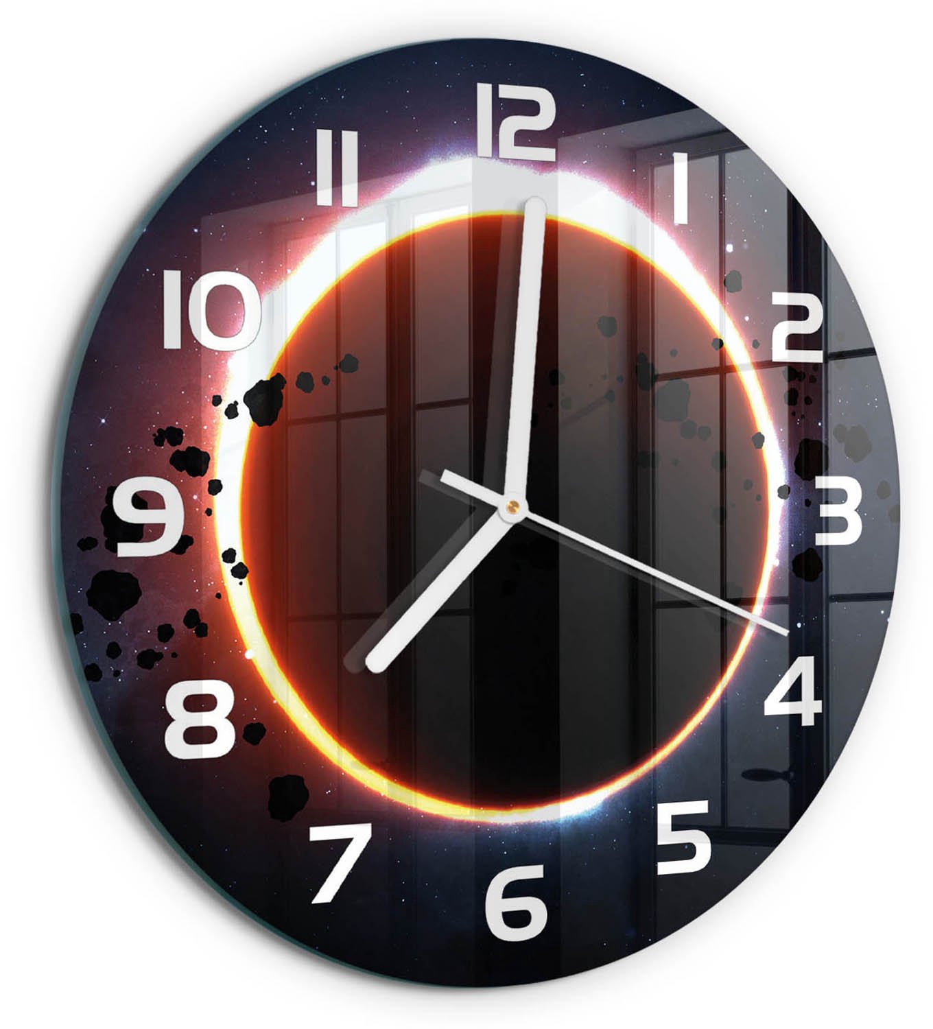 TULUP Wandklok - zonsverduistering Decoratieve Glazen Klok - fi30 cm - Oranje Glazen Wandklok Design - Witte handen - Ronde Klok - Glazen Klok Met Print - Wandklok Glas Met Motief