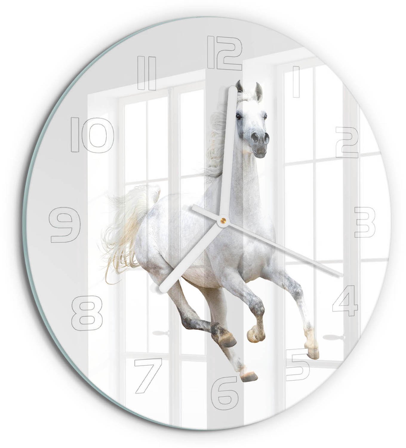 TULUP Wandklok - Wit Arabisch paard Moderne Wandklok Glas - fi30 cm - Wit Wandklok Glas Decoratie - Witte handen - Ronde Klok - Glazen Wandklok Design - Klok Glas Met Opdruk