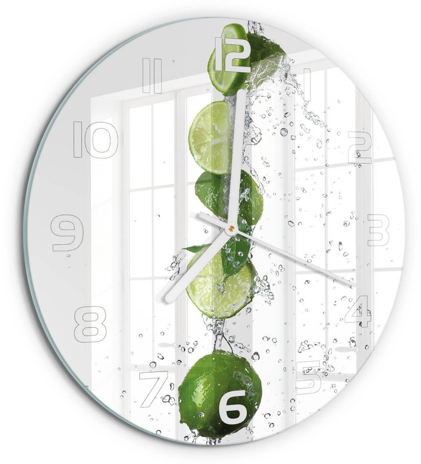 TULUP Wandklok - Kalk en water Glazen Wandklok Design - fi30 cm - Groente Klok Glas Met Opdruk - Witte handen - Ronde Klok - Wandklok Glas Met Motief - Decoratieve Glazen Klok