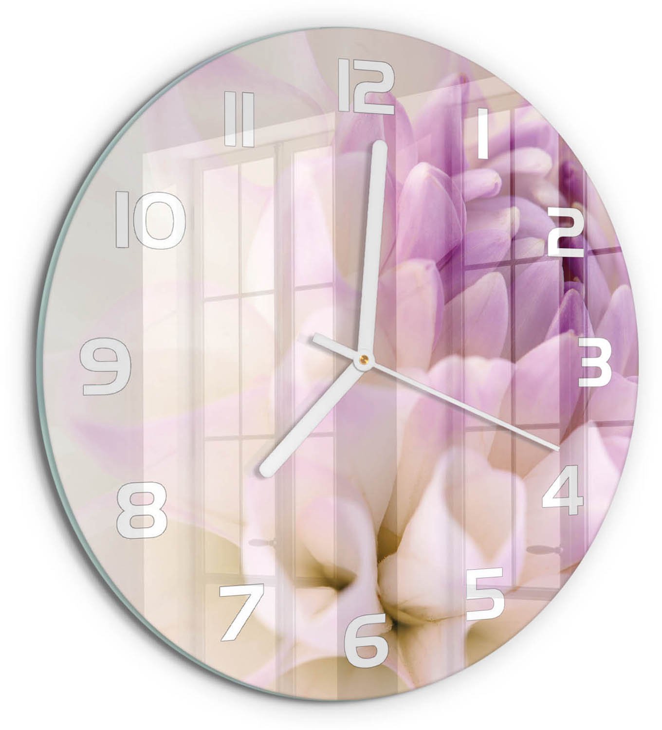TULUP Wandklok - Witte dahlia Wandklok Glas Met Motief - fi30 cm - Paars Decoratieve Glazen Klok - Witte handen - Ronde Klok - Gekleurde Glazen Klok - Glazen Klok Met Print
