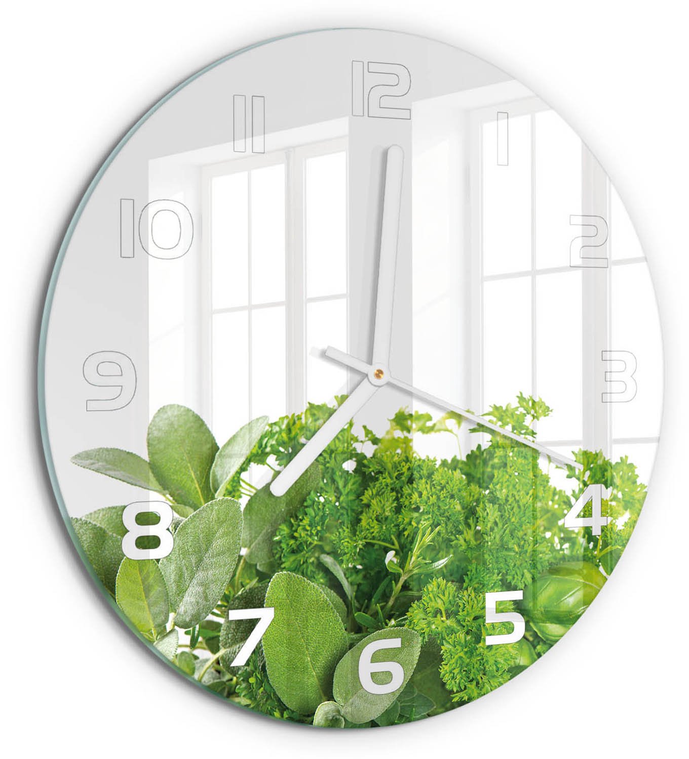 TULUP Wandklok - Kruiden Wandklok Glas Decoratie - fi30 cm - Groente Gekleurde Glazen Klok - Witte handen - Ronde Klok - Klok Glas Met Opdruk - Moderne Wandklok Glas