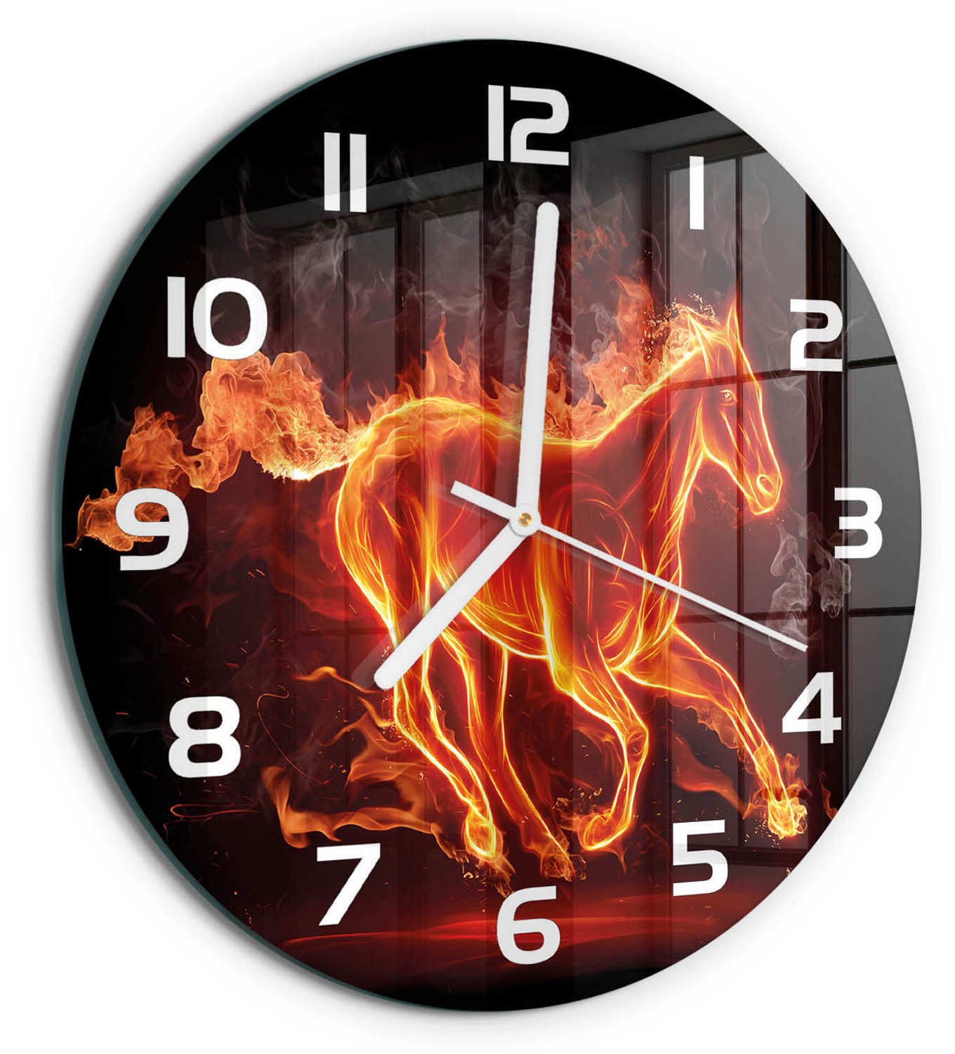 TULUP Wandklok - Paard in vlammen Wandklok Glas Met Motief - fi30 cm - Rood Decoratieve Glazen Klok - Witte handen - Ronde Klok - Gekleurde Glazen Klok - Glazen Klok Met Print