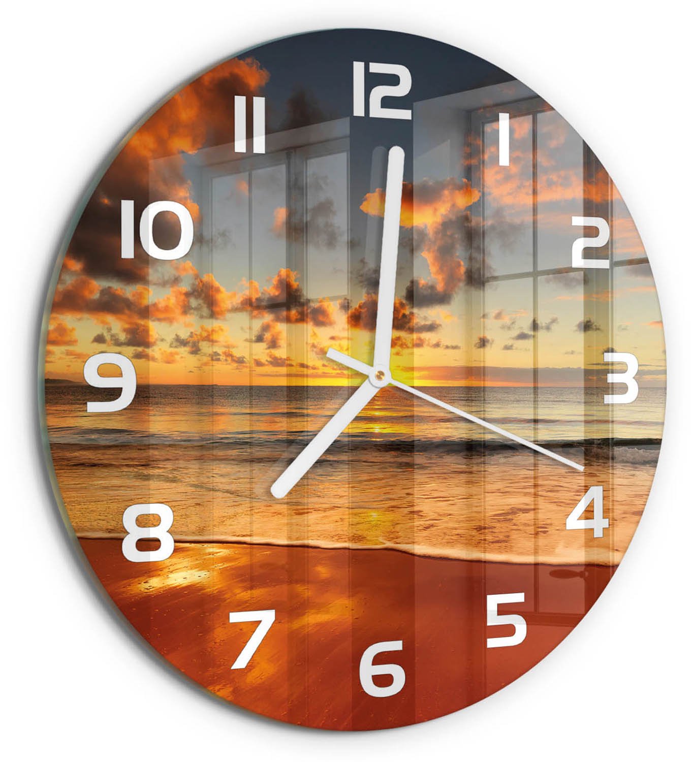 TULUP Wandklok - Australisch strand Glazen Wandklok Design - fi30 cm - Oranje Klok Glas Met Opdruk - Witte handen - Ronde Klok - Wandklok Glas Met Motief - Decoratieve Glazen Klok