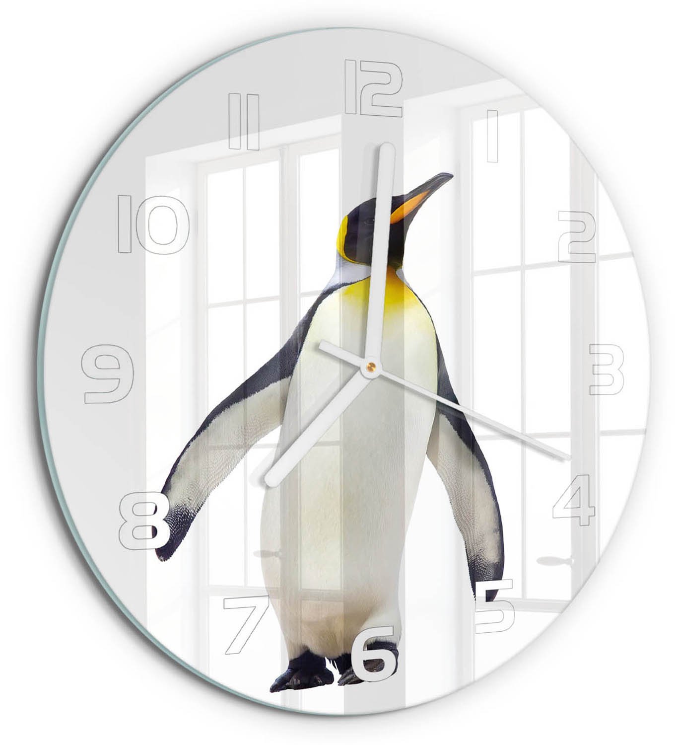 TULUP Wandklok - Pinguïn Glazen Klok Met Print - fi30 cm - Wit Wandklok Glas Met Motief - Witte handen - Ronde Klok - Wandklok Glas Decoratie - Gekleurde Glazen Klok