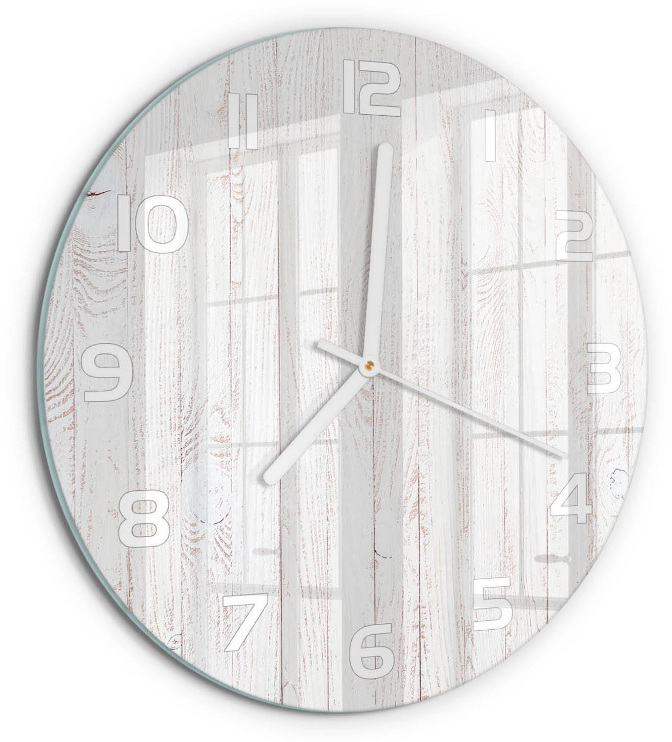 TULUP Wandklok - Houten achtergrond Klok Glas Met Opdruk - fi30 cm - Wit Moderne Wandklok Glas - Witte handen - Ronde Klok - Decoratieve Glazen Klok - Glazen Wandklok Design