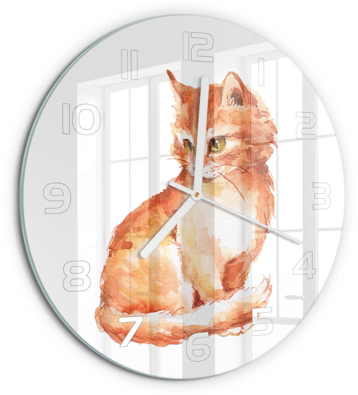 TULUP Wandklok - Rode Kat Klok Glas Met Opdruk - fi30 cm - Oranje Moderne Wandklok Glas - Witte handen - Ronde Klok - Decoratieve Glazen Klok - Glazen Wandklok Design