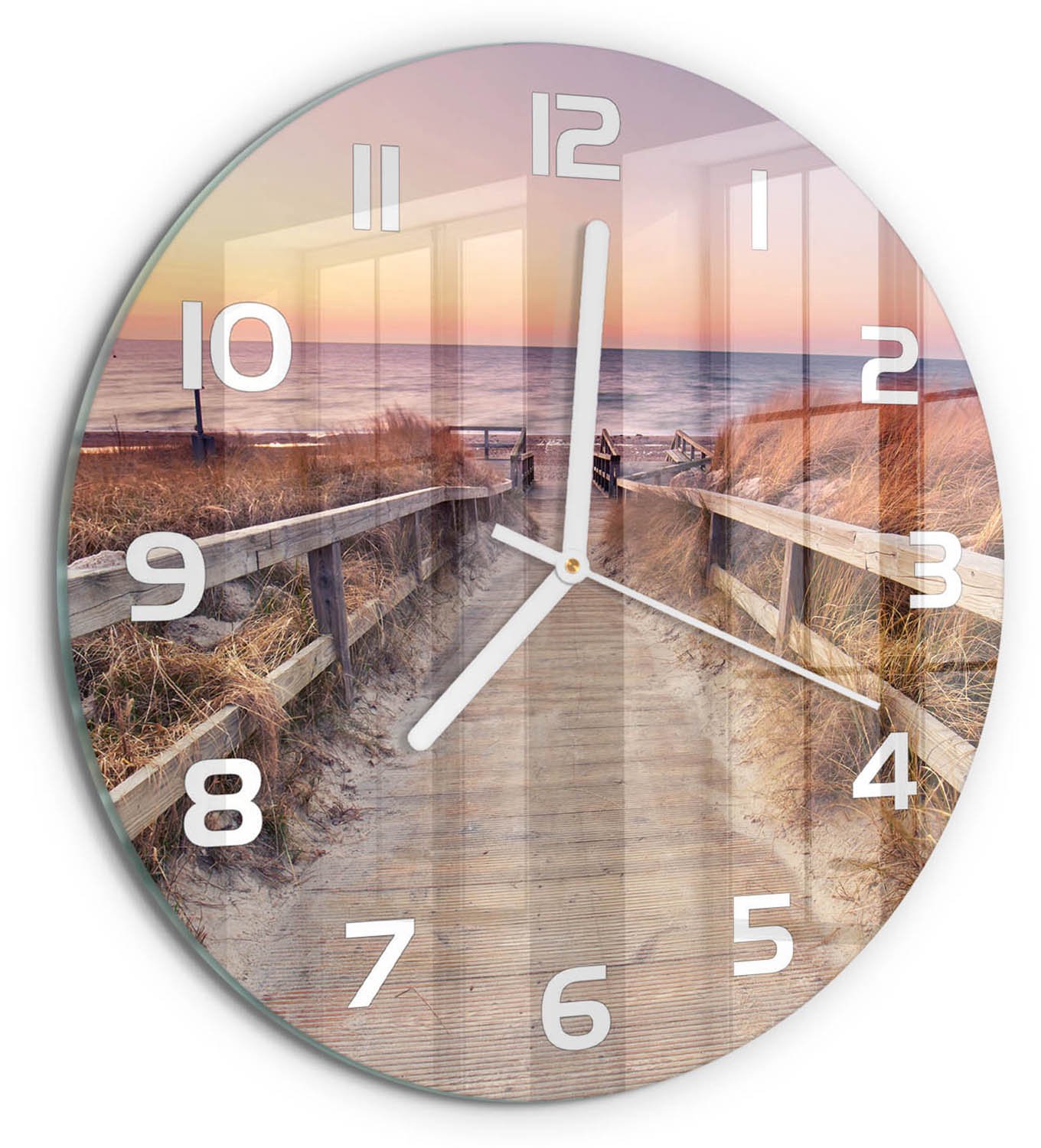 TULUP Wandklok - De weg naar het strand Klok Glas Met Opdruk - fi30 cm - Oranje Moderne Wandklok Glas - Witte handen - Ronde Klok - Decoratieve Glazen Klok - Glazen Wandklok Design