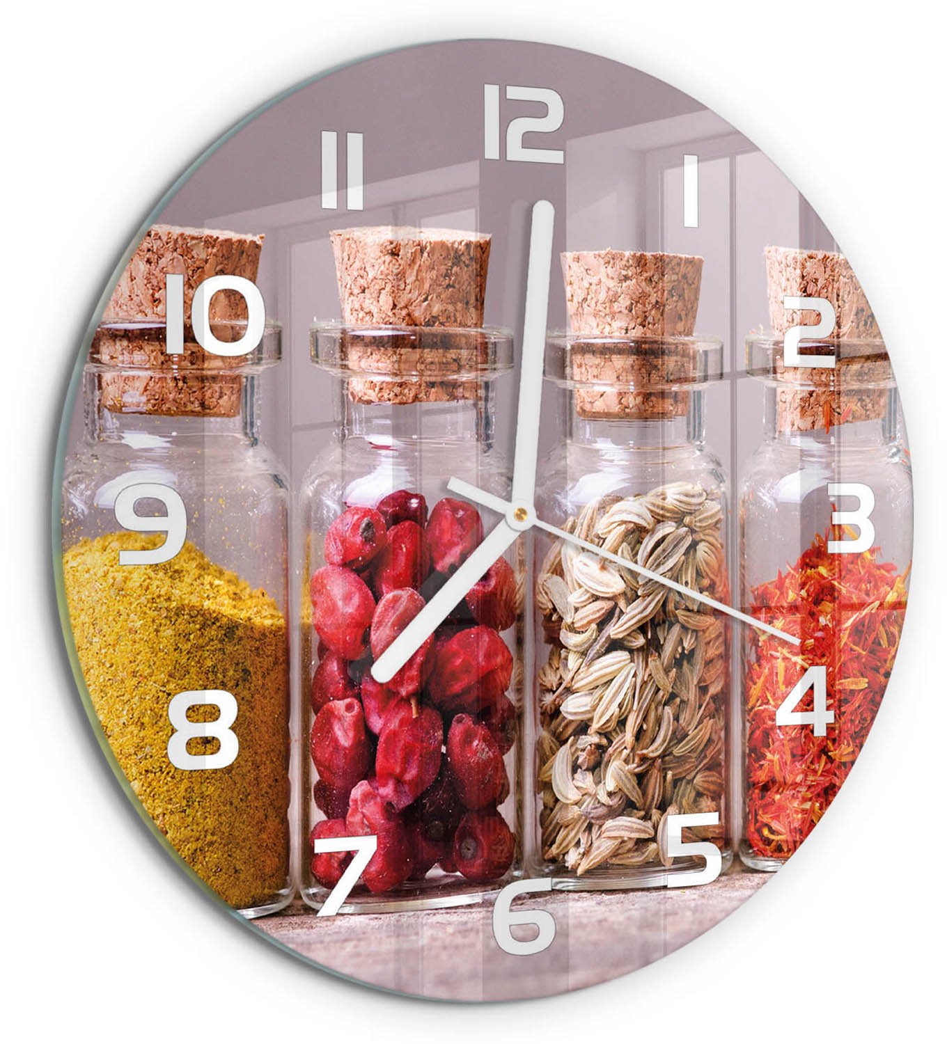 TULUP Wandklok - Kleurrijke specerijen Glazen Wandklok Design - fi30 cm - Veelkleurig Klok Glas Met Opdruk - Witte handen - Ronde Klok - Wandklok Glas Met Motief - Decoratieve Glazen Klok