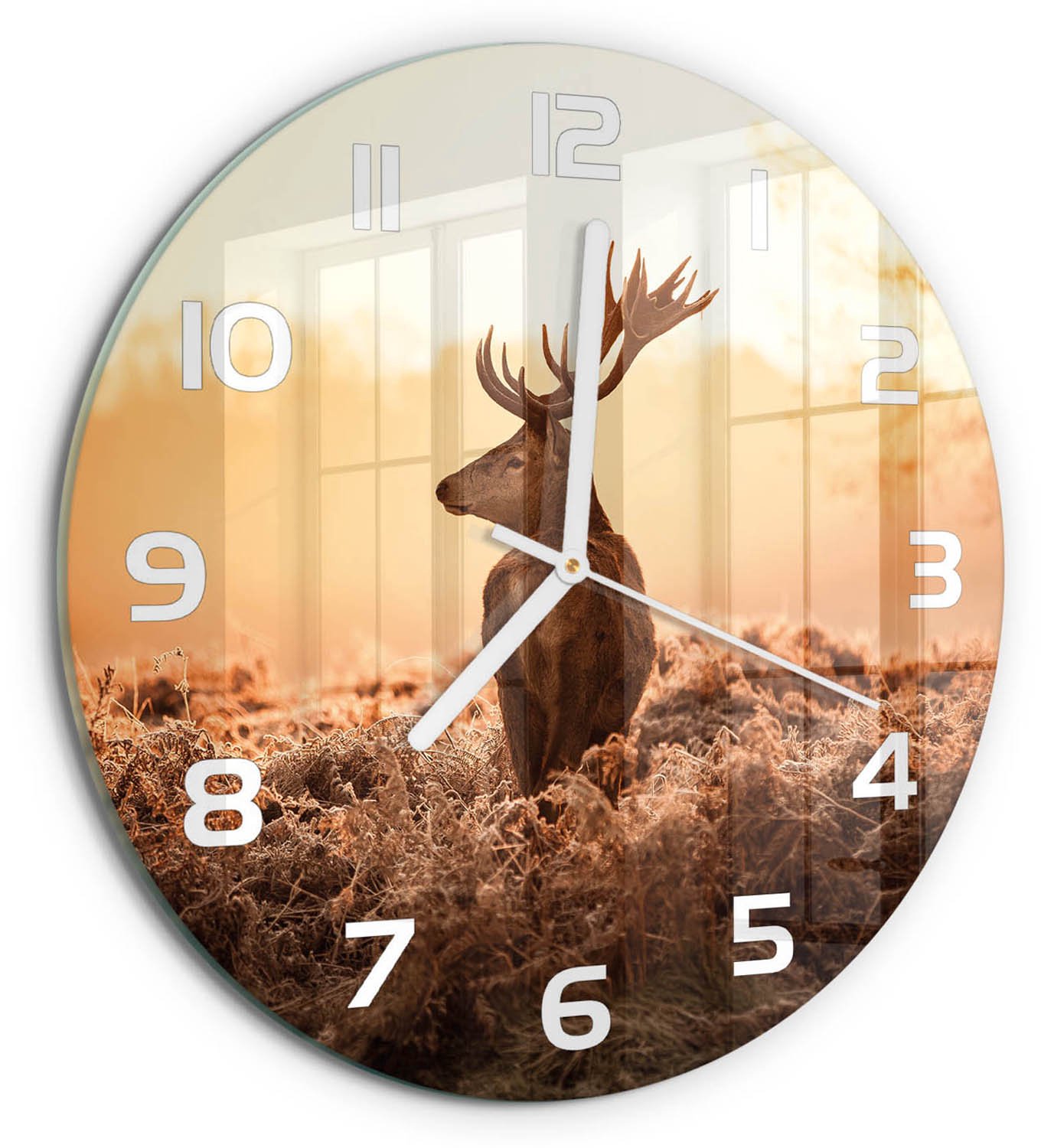 TULUP Wandklok - Zonsopgang boven de herten Wandklok Glas Decoratie - fi30 cm - Bruin Gekleurde Glazen Klok - Witte handen - Ronde Klok - Klok Glas Met Opdruk - Moderne Wandklok Glas
