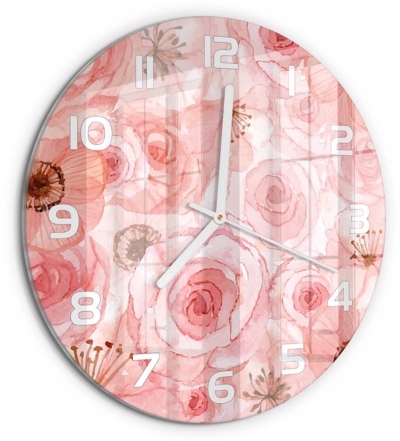 TULUP Wandklok - Bloemenpatroon Moderne Wandklok Glas - fi30 cm - Roze Wandklok Glas Decoratie - Witte handen - Ronde Klok - Glazen Wandklok Design - Klok Glas Met Opdruk