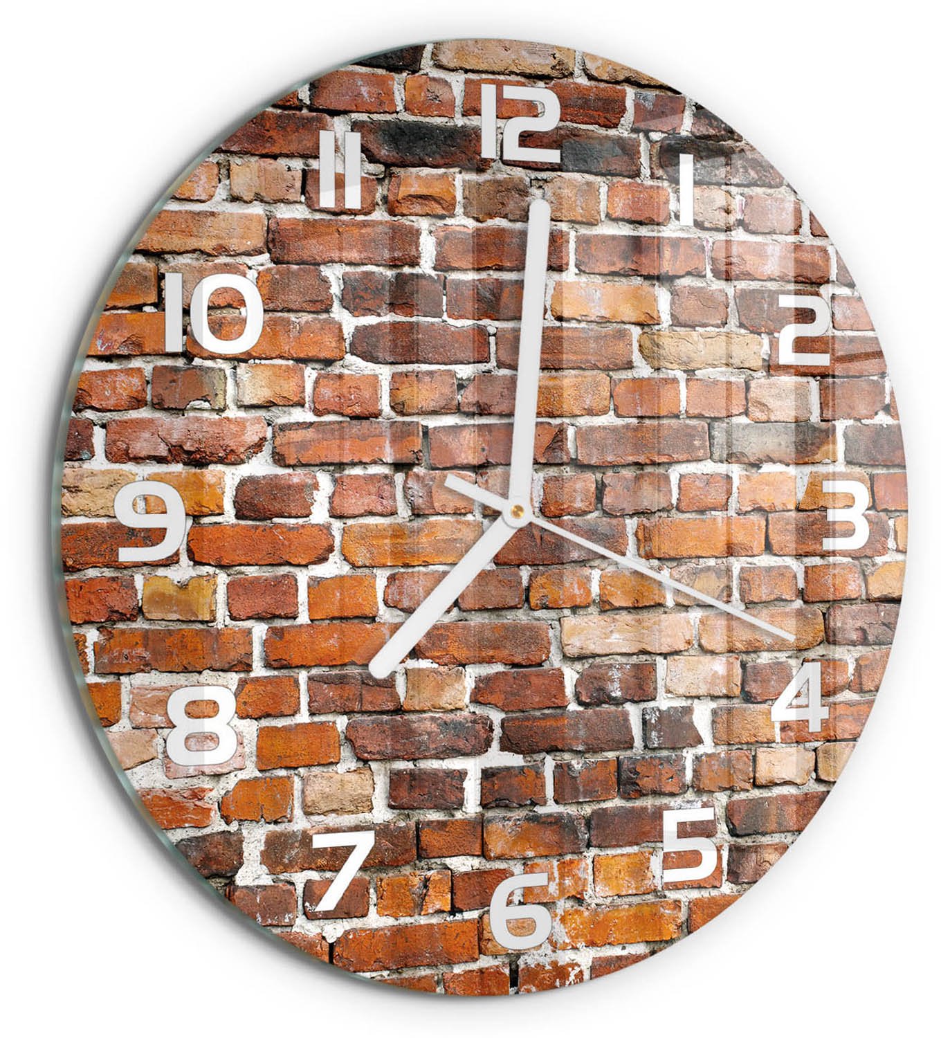 TULUP Wandklok - Bakstenen muur Glazen Klok Met Print - fi30 cm - Bruin Wandklok Glas Met Motief - Witte handen - Ronde Klok - Wandklok Glas Decoratie - Gekleurde Glazen Klok