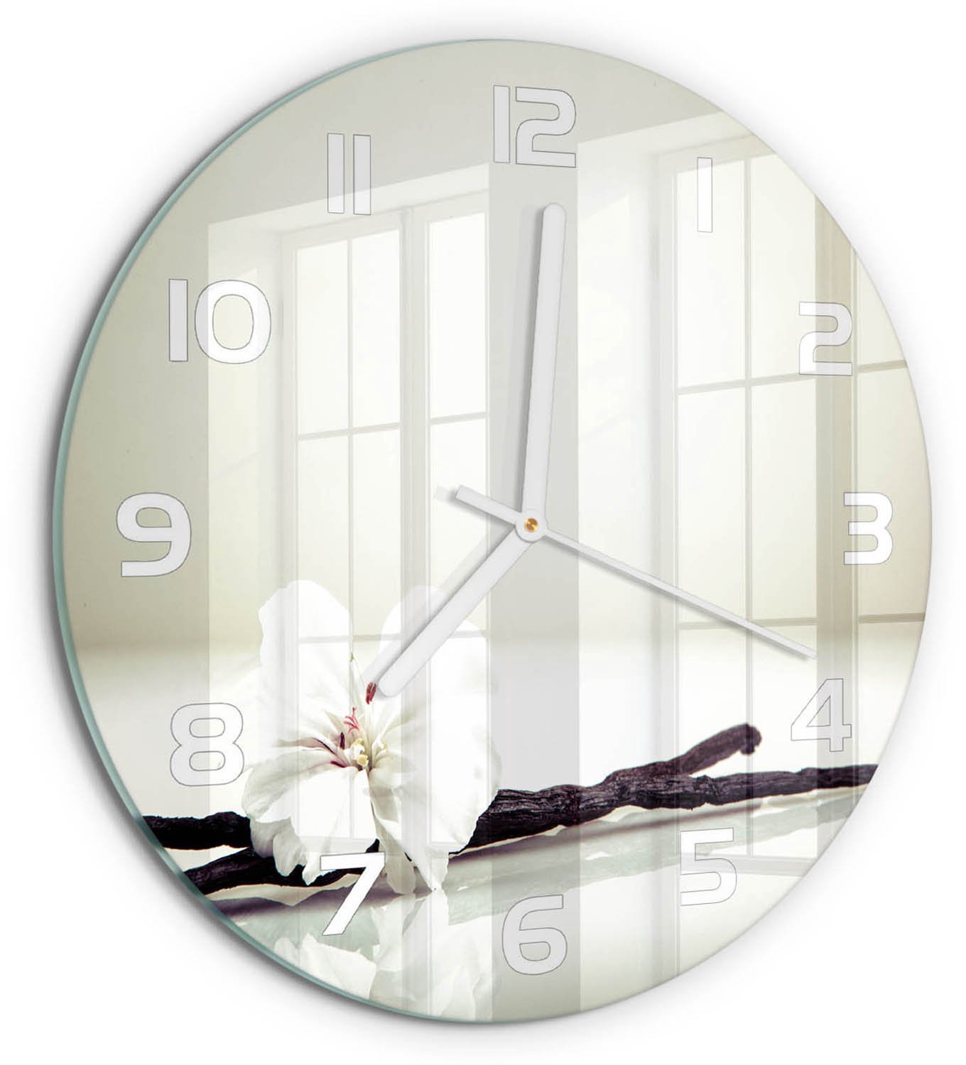 TULUP Wandklok - Vanilleboon Wandklok Glas Decoratie - fi30 cm - Wit Gekleurde Glazen Klok - Witte handen - Ronde Klok - Klok Glas Met Opdruk - Moderne Wandklok Glas