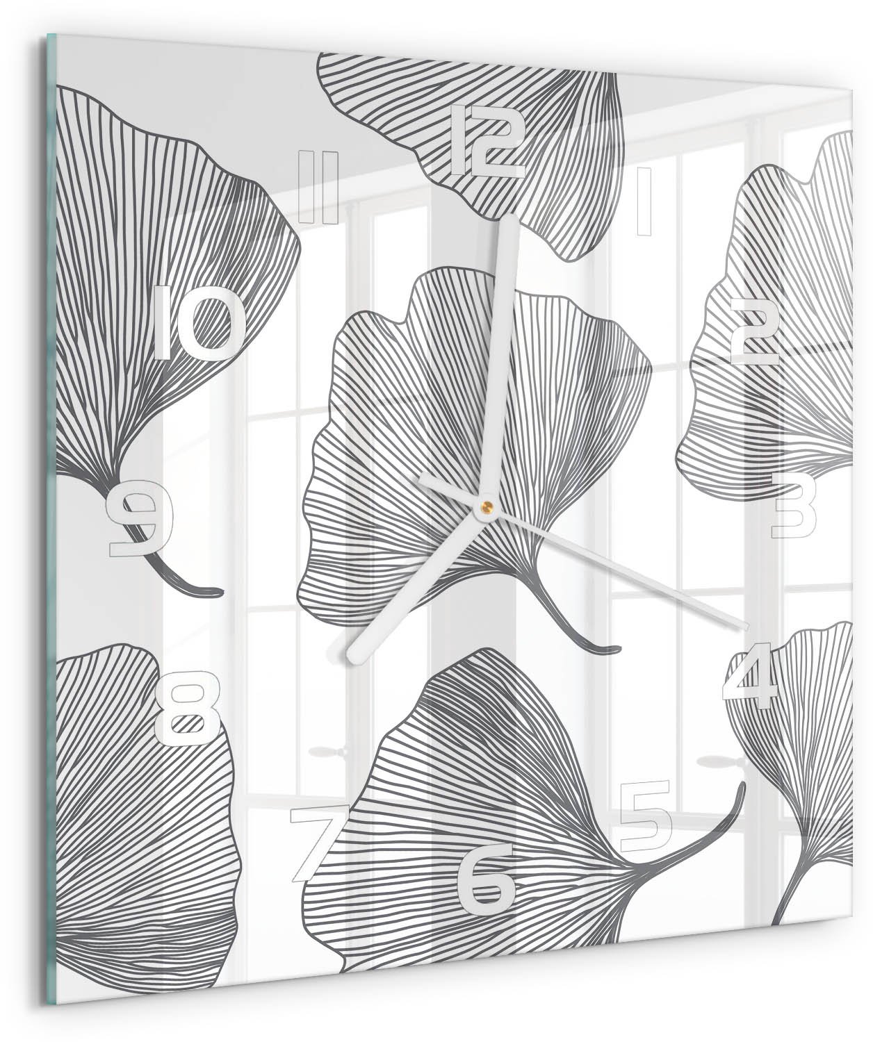 Tulup Wandklok - Ginkgo Glazen Klok Met Print - 30x30 cm - Zwart-wit Wandklok Glas Met Motief - Witte handen - Vierkante Klok - Wandklok Glas Decoratie - Gekleurde Glazen Klok
