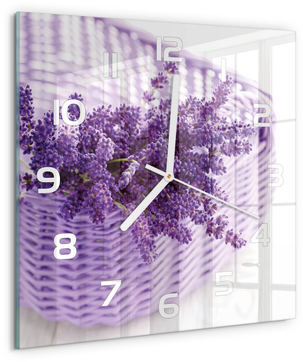 Tulup Wandklok - Lavendel in een mand Klok Glas Met Opdruk - 30x30 cm - Paars Moderne Wandklok Glas - Witte handen - Vierkante Klok - Decoratieve Glazen Klok - Glazen Wandklok Design